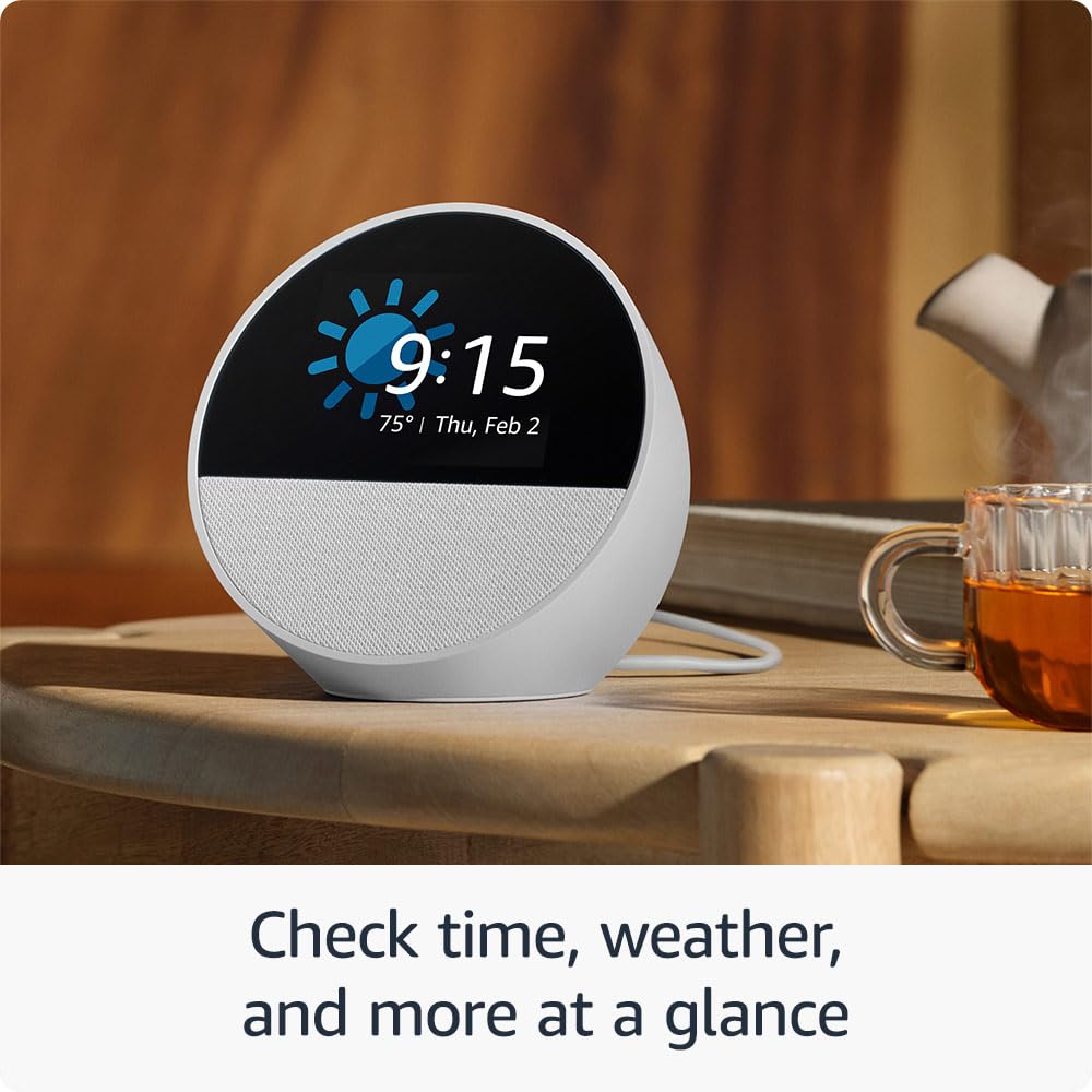Amazon Echo Spot (Latest Model) - Smart Alarm Clock with Alexa, Black | Perfect for Nightstands, Offices & Kitchens | Voice Control, Weather Updates, Music Streaming & More
