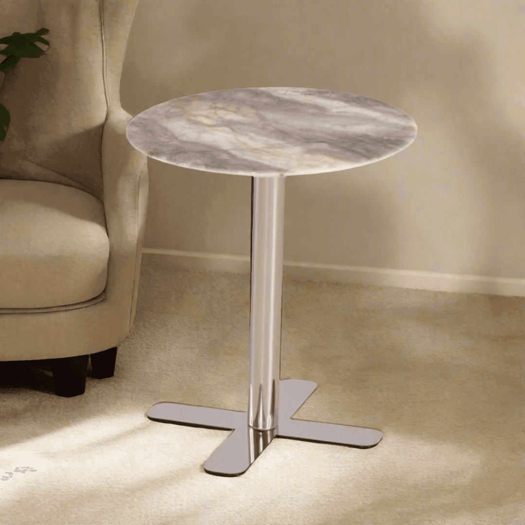 Gaia Cultured Marble Side Table with Chrome Base - Modern End Table for Living Room, Bedroom & Office - Stylish Accent Table for Home Decor