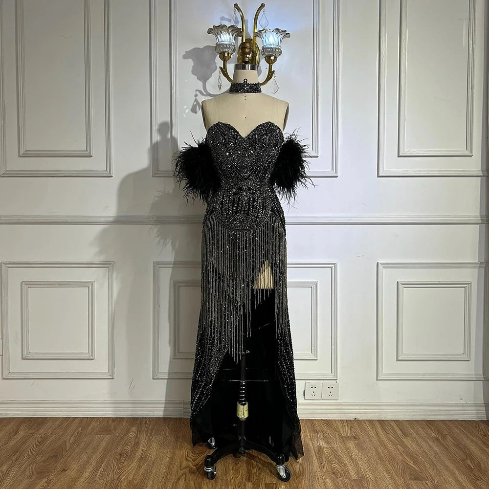 Elegant Silver Mermaid Evening Dress with Beaded Tassels - Sexy Split Open Back Party Gown for Women | Perfect for Prom, Cocktail Parties & Special Occasions