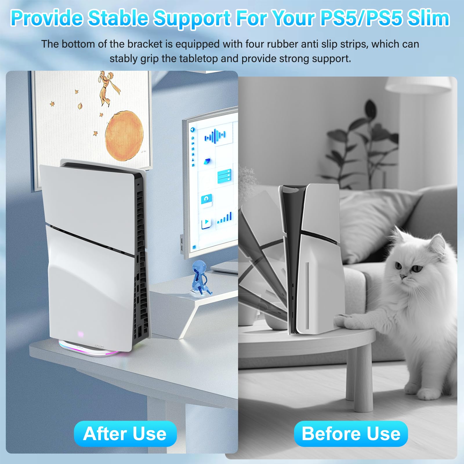 PS5/PS5 Slim Vertical Stand with 7 RGB Modes - Stable Holder for Disc & Digital Consoles - Includes Screw & USB-C Cable - Perfect for Gaming Setup & Display