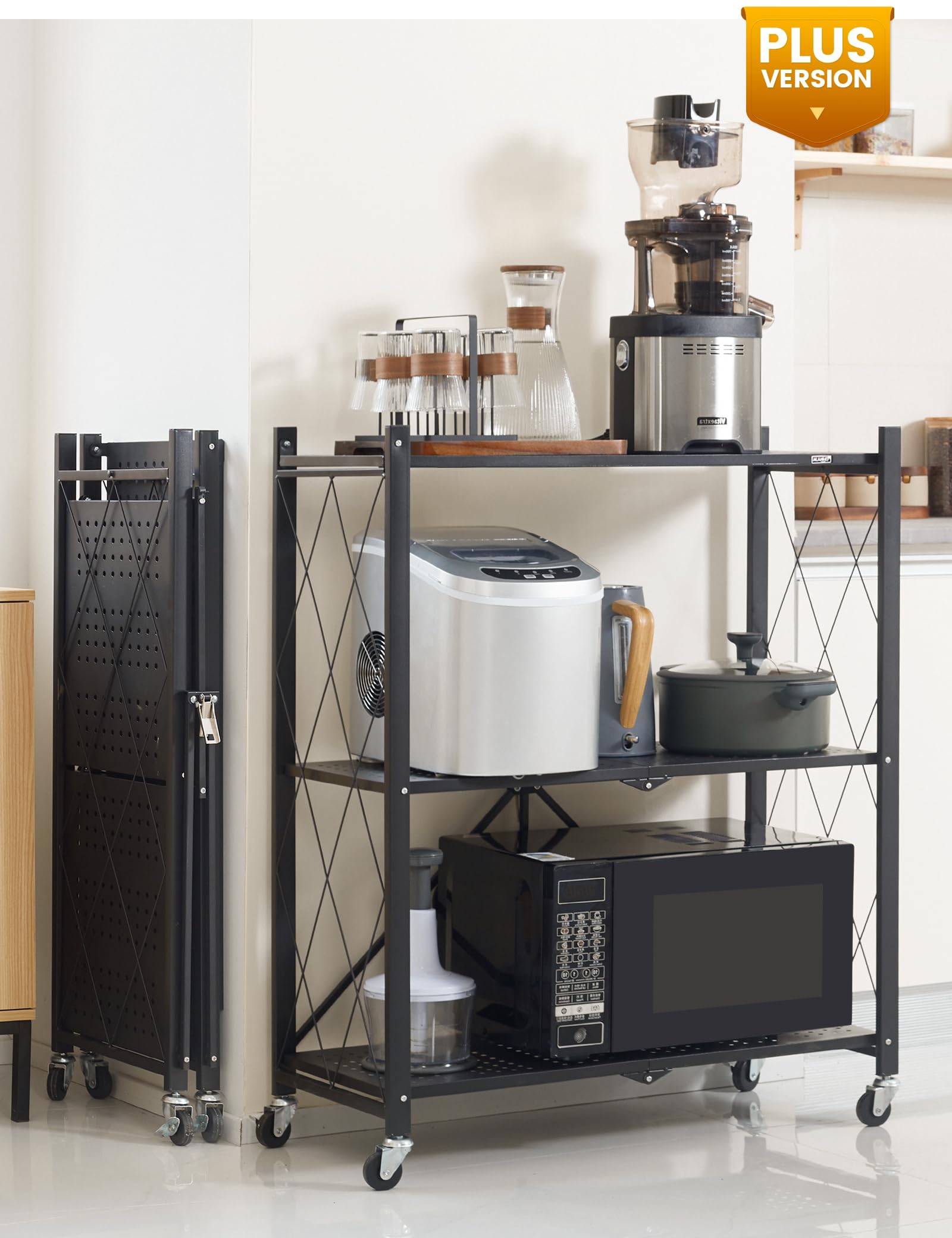 3-Tier Black Metal Storage Shelves with Wheels - No Assembly Bookshelf for Kitchen, Office, Laundry & Garage - Heavy Duty Rolling Utility Rack for Organizing Pantry, Closet, Workshop or Retail Space