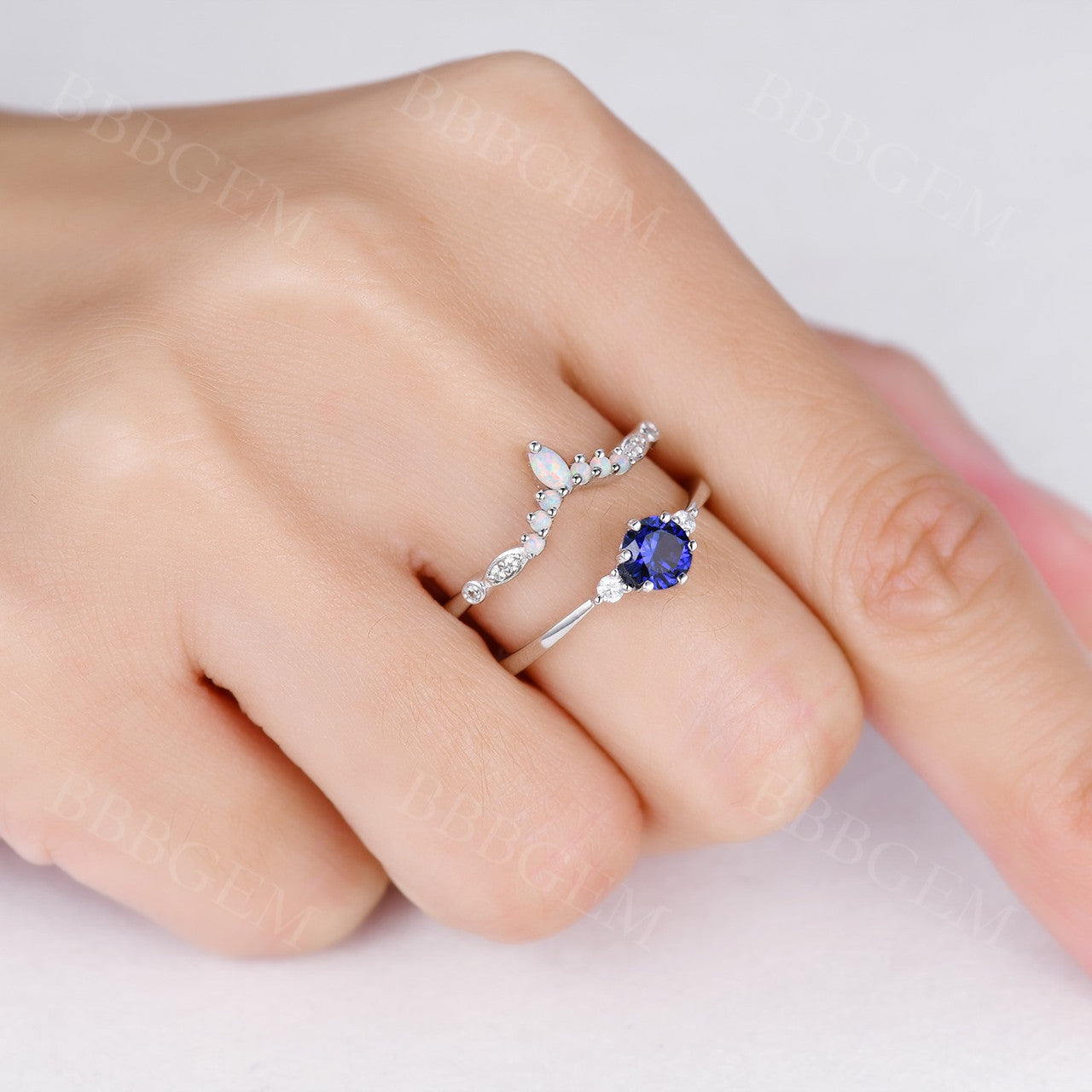 Sapphire Selene Diamond Ring & Opal Stackable Band Set – 2-Piece Wedding & Anniversary Jewelry for Women | Perfect for Bridal, Engagement, and Special Occasions