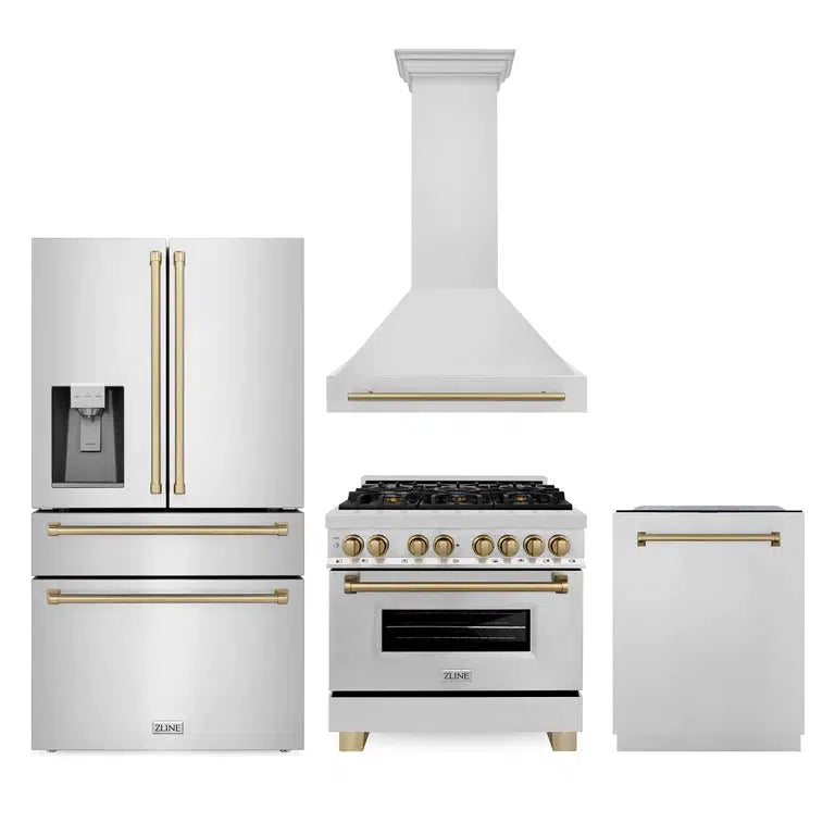 ZLINE Autograph Edition 36-inch Stainless Steel Kitchen Package - Dual Fuel Range, Range Hood, Dishwasher & Refrigerator with Champagne Bronze Accents & External Water Dispenser (4AKPR RARHDWM36 CB) | Premium Kitchen Appliances for Modern Homes & Professional Chefs