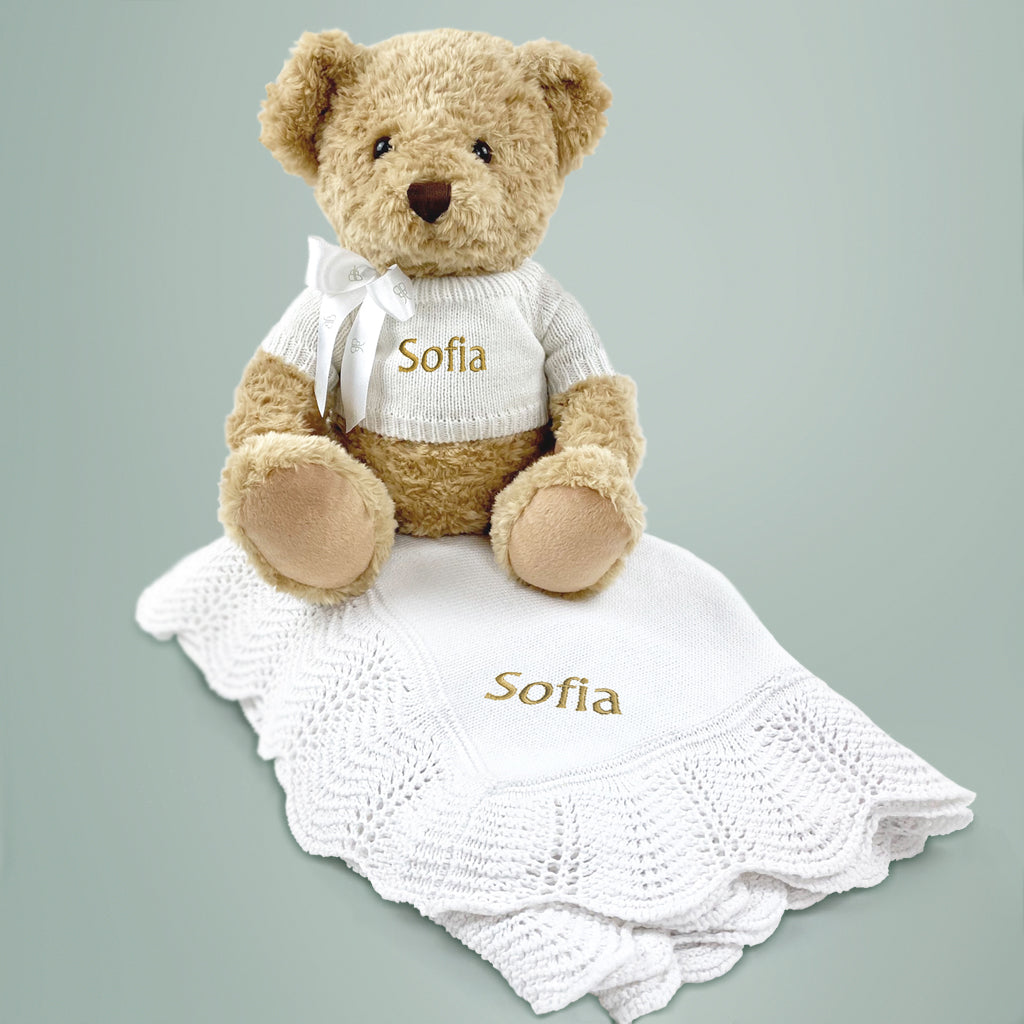 Personalized Bernard Bear Plush Toy with Handmade Crochet Blanket - Perfect Gift for Baby Shower, Birthday, and Nursery Decor