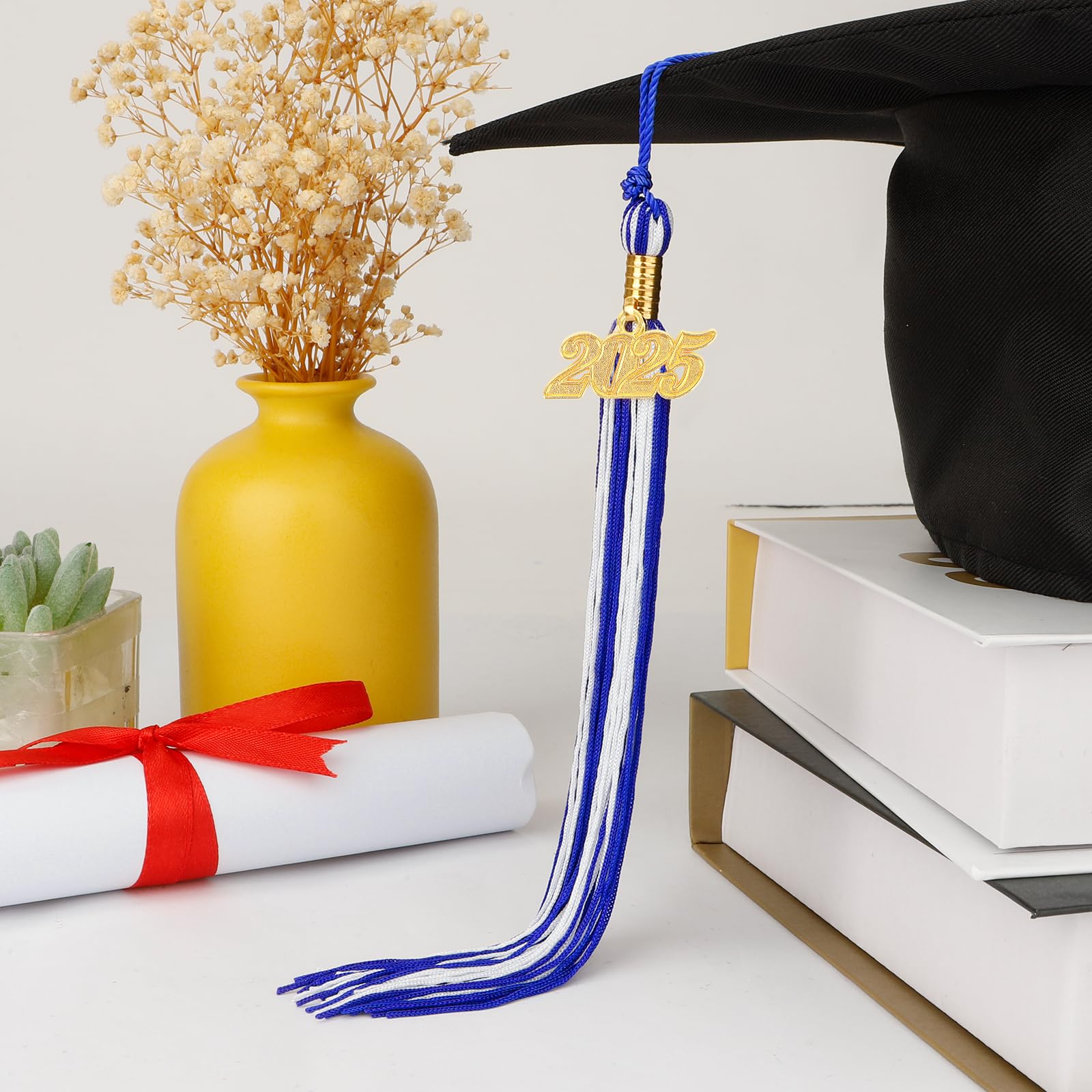 2025 Graduation Tassel with Gold Date Charm - Blue & White Academic Cap Tassel for High School & College Graduates - Perfect for 2025 Graduation Ceremony, Cap Decoration & Photo Props