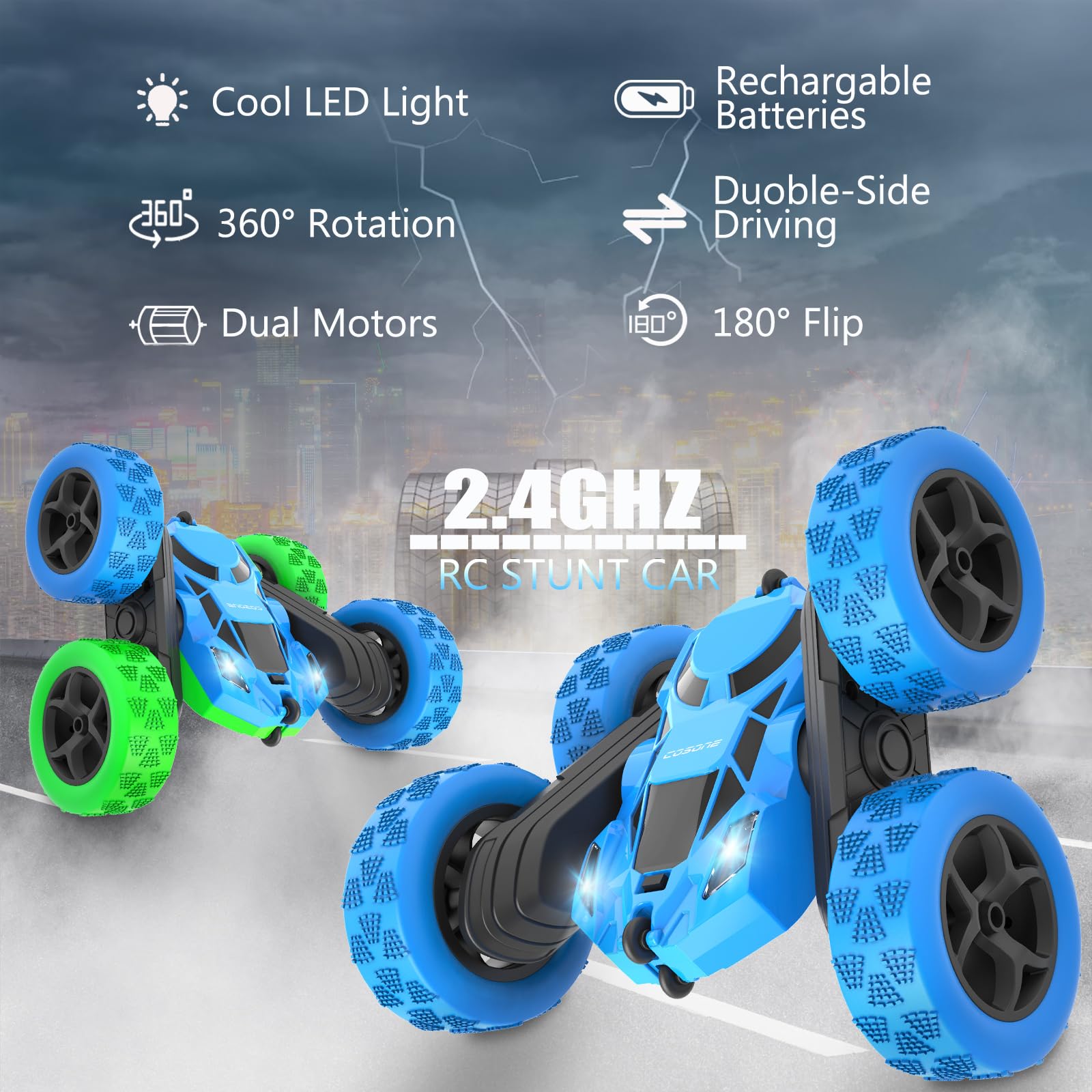 Cosone 2.4Ghz 4WD Remote Control Car for Kids - 360° Rotating Rechargeable RC Truck with LED Lights, All Terrain Toy Car for Boys & Girls (Blue) - Perfect for Indoor Play, Outdoor Adventures & Birthday Gifts