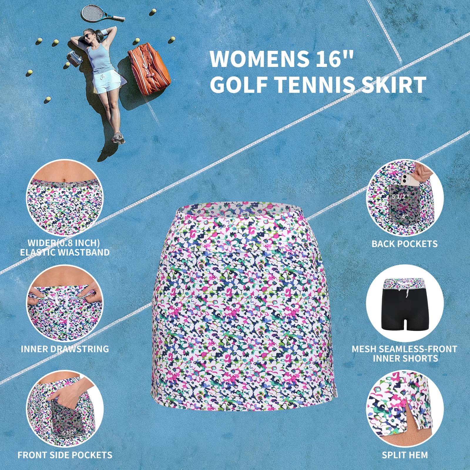 16 Inch Women's Golf & Tennis Skirt with 4 Pockets - High Waisted Athletic Skort for Sports & Casual Wear - Perfect for Golfing, Tennis, Running and Everyday Activities