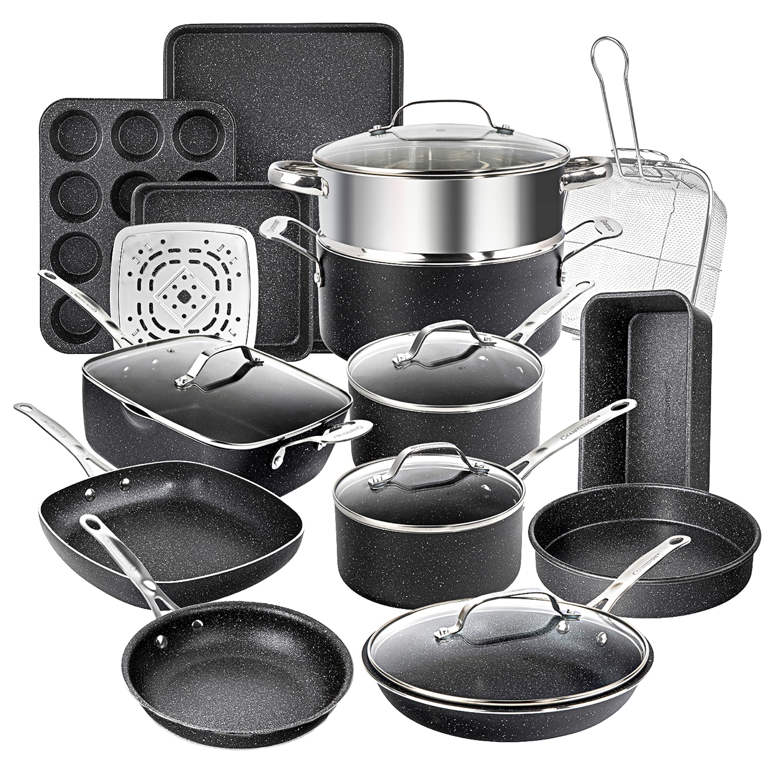 Granitestone True 20-Piece Nonstick Cookware Set with Deep Square Pan & Bakeware | PFOA & PFOS Free | Oven & Dishwasher Safe | Perfect for Home Cooking, Baking & Family Meals