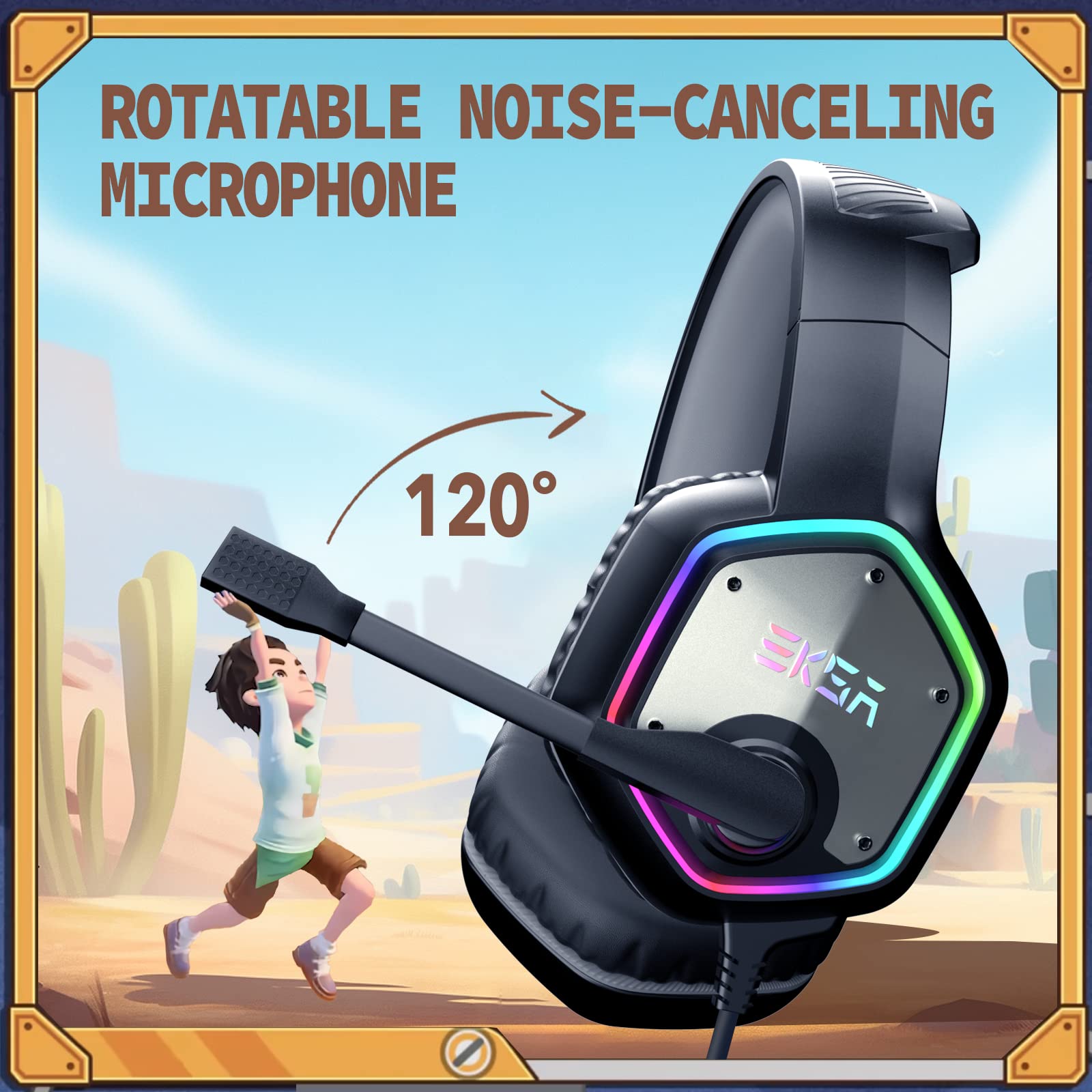 EKSA Gaming Headset with Noise Canceling Mic & RGB Lights - Wired Over-Ear Headphones for PC, PS4, PS5, Laptop, Computer (Gray-Sandrock) - Perfect for FPS Gaming, Streaming & Online Meetings