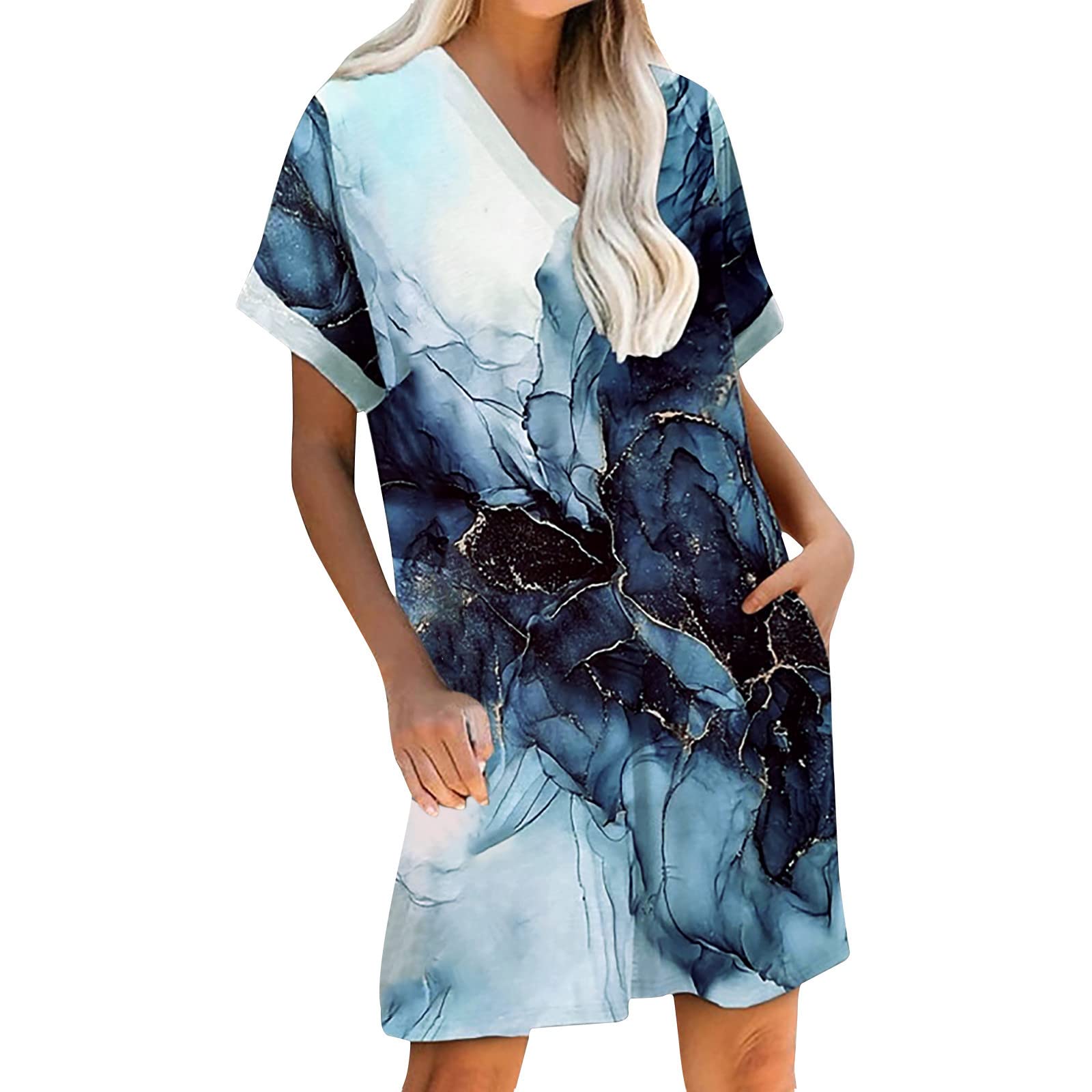 XIMIN Women's Casual Summer T-Shirt Dress - Loose Fit Short Sleeve V-Neck Pocket Dress for Ladies | Perfect for Beach, Vacation, and Everyday Wear