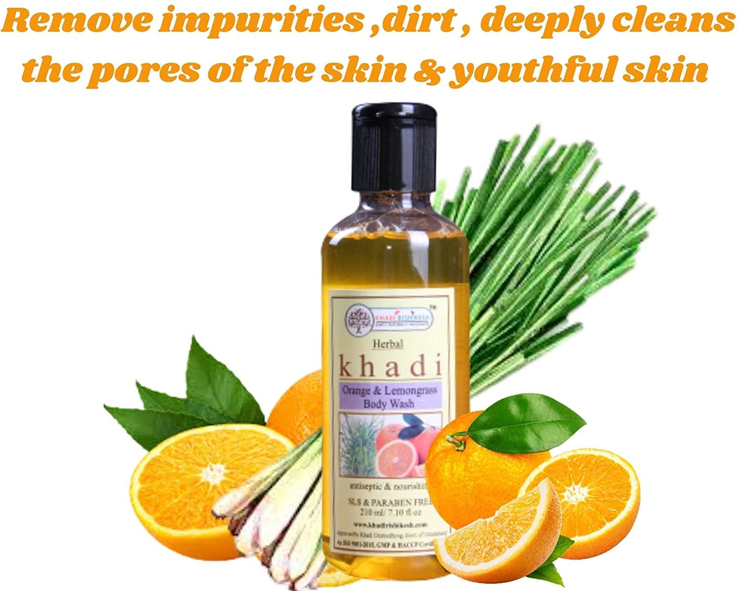 **Khadi Rishikesh Herbal Orange Lemongrass Body Wash for Acne Scars - Clear & Smooth Skin, Removes Impurities & Dirt - Unisex (Pack of 3 x 210ml) with Free Watermelon Lip Balm - Perfect for Daily Skincare & Post-Workout Refreshment**