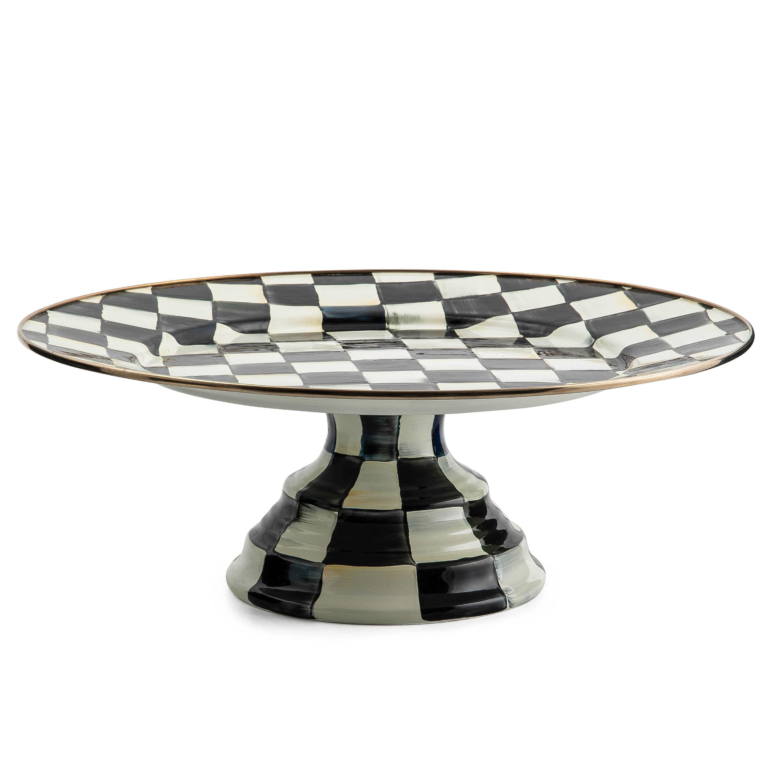 MACKENZIE-CHILDS Enamel Pedestal Platter - Large Round Cake Stand in Classic Black & White Courtly Check Pattern | Perfect for Wedding Desserts, Party Serving & Elegant Home Decor
