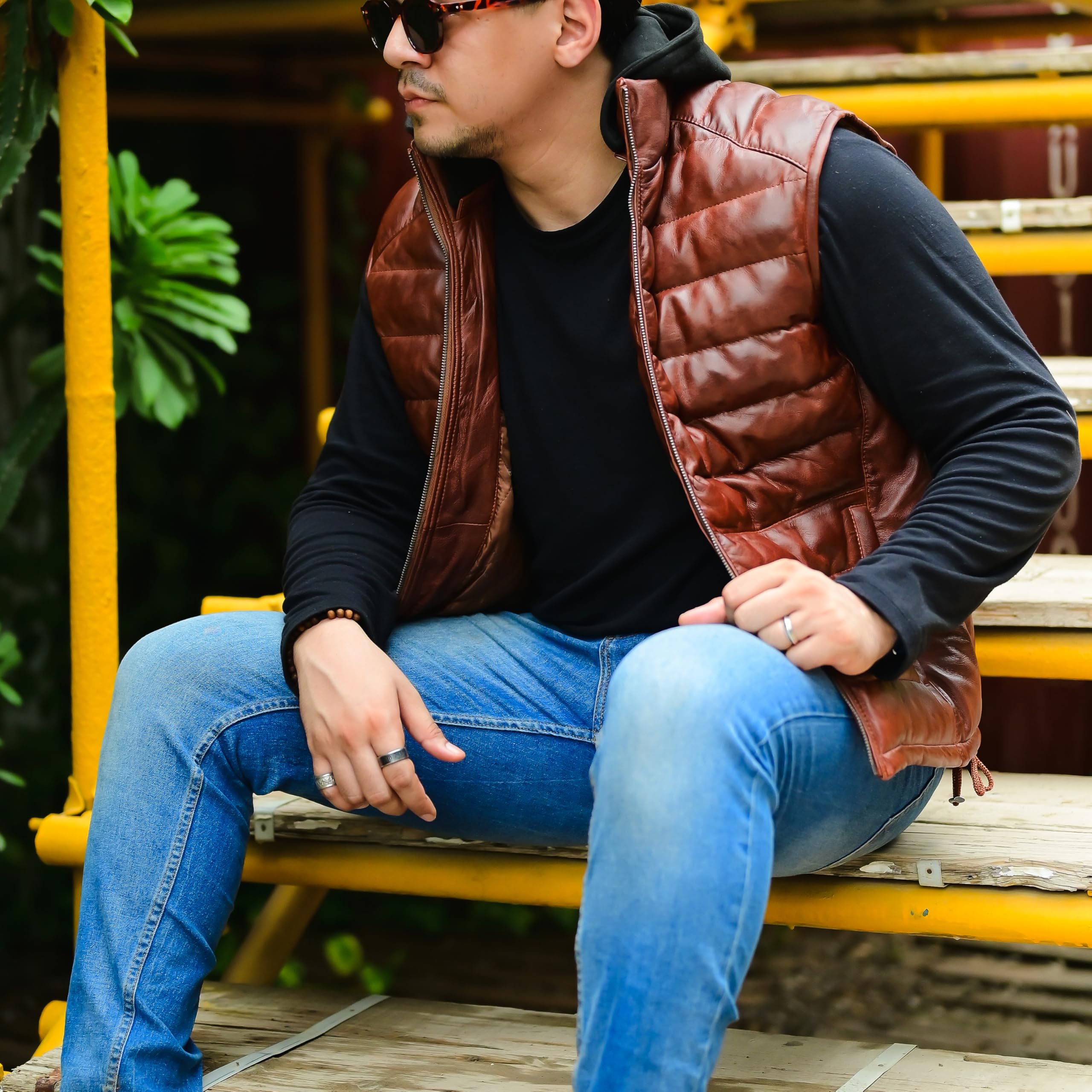 Jild Lambskin Leather Puffer Vest with Removable Hood - Stand Collar Sleeveless Jacket for Men | Winter Fashion Outerwear for Casual & Street Style