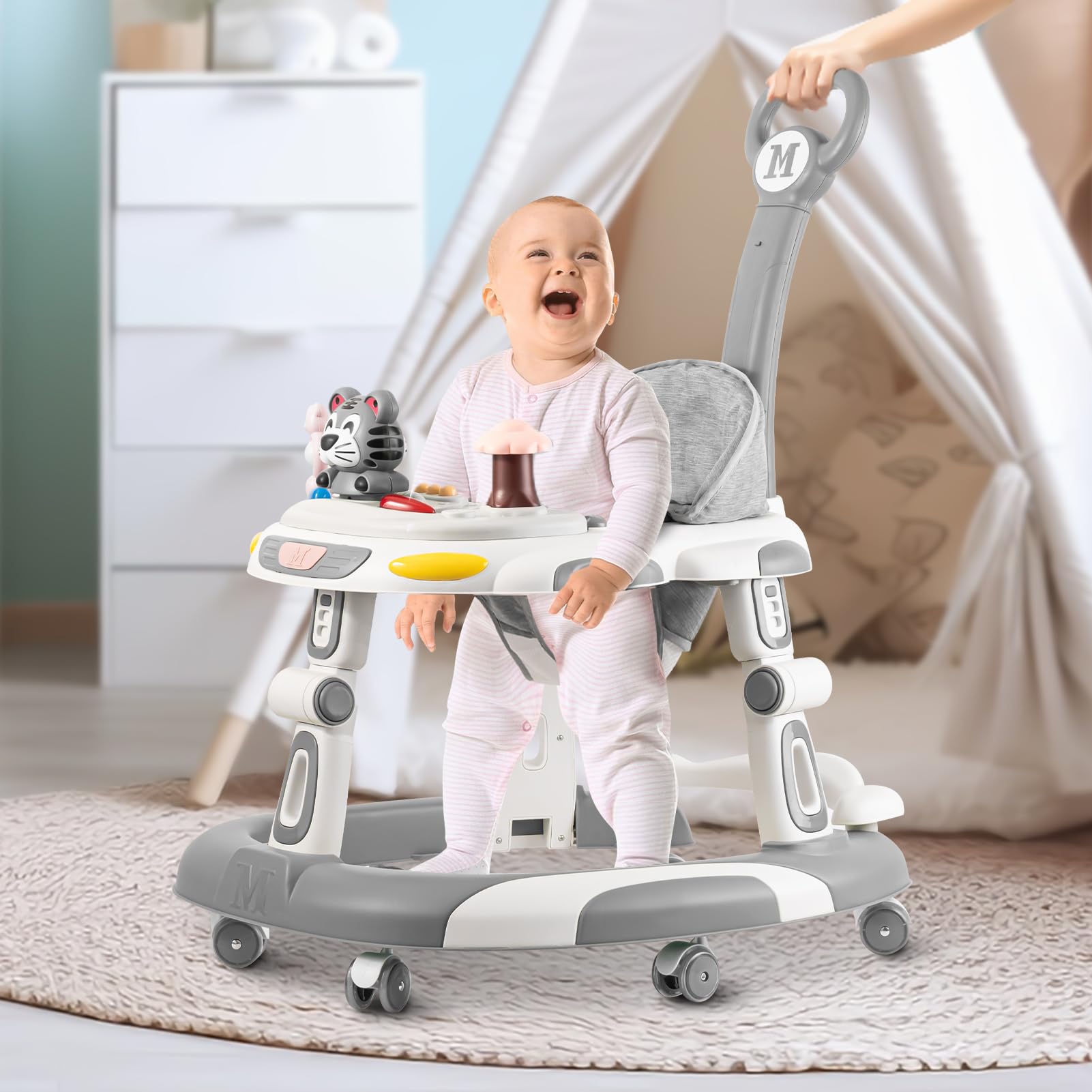 5-in-1 Adjustable Baby Walker with Wheels & Music Toys - Foldable Infant Activity Center for Boys & Girls 6-24 Months (Grey) - Perfect for Learning to Walk, Playtime & Early Development at Home