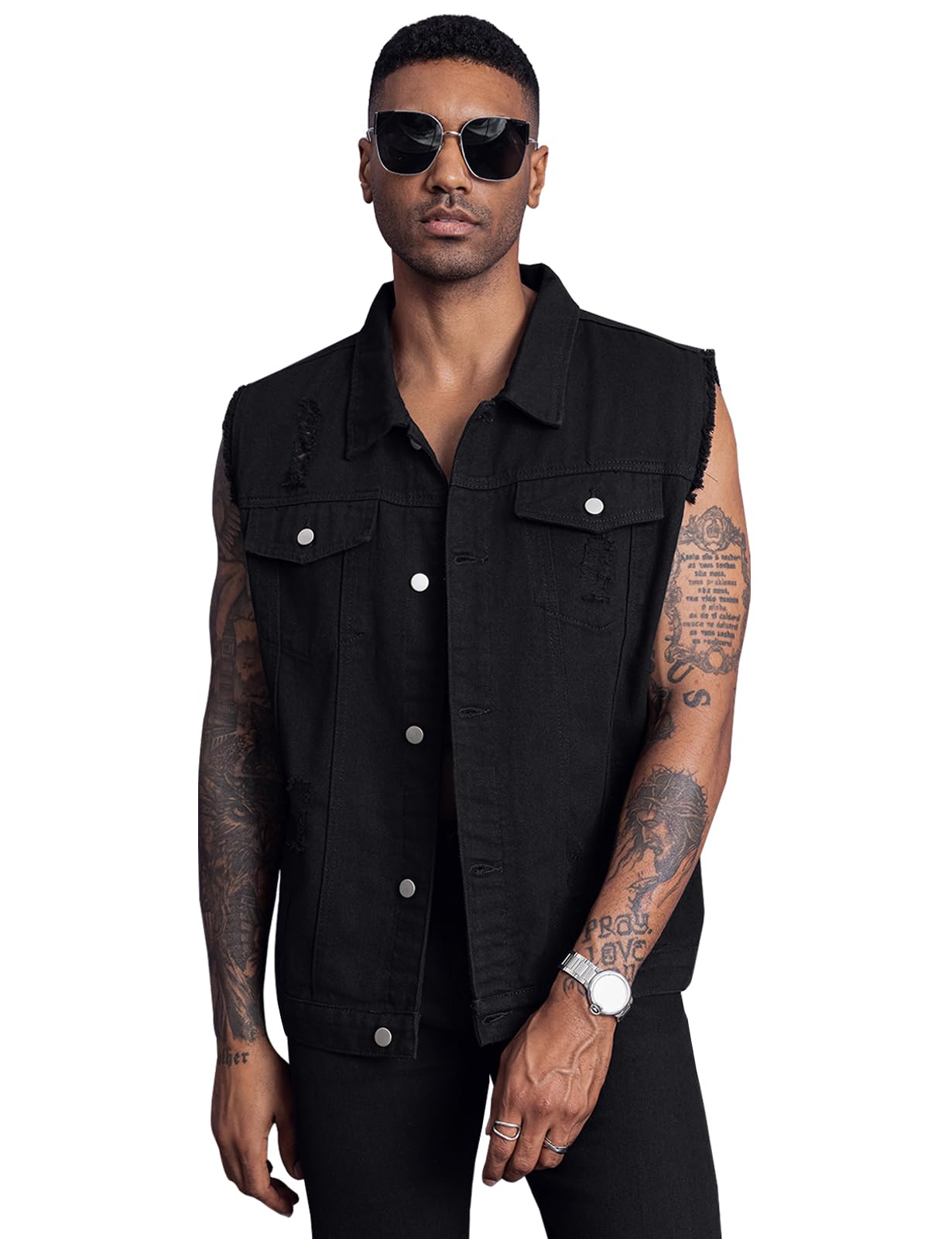 Longbida Men's Distressed Denim Vest - Sleeveless Ripped Slim Fit Jean Jacket for Casual Wear & Street Style | Perfect for Layering, Outdoor Events & Fashion Outfits