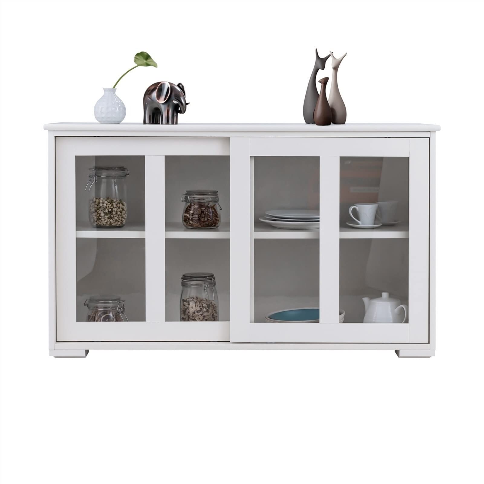 TOMYEUS White Sideboard Buffet Cabinet - Stackable Kitchen Storage with 2 Glass Sliding Doors & Adjustable Shelves - Perfect for Dining Room, Living Room, and Entryway Organization