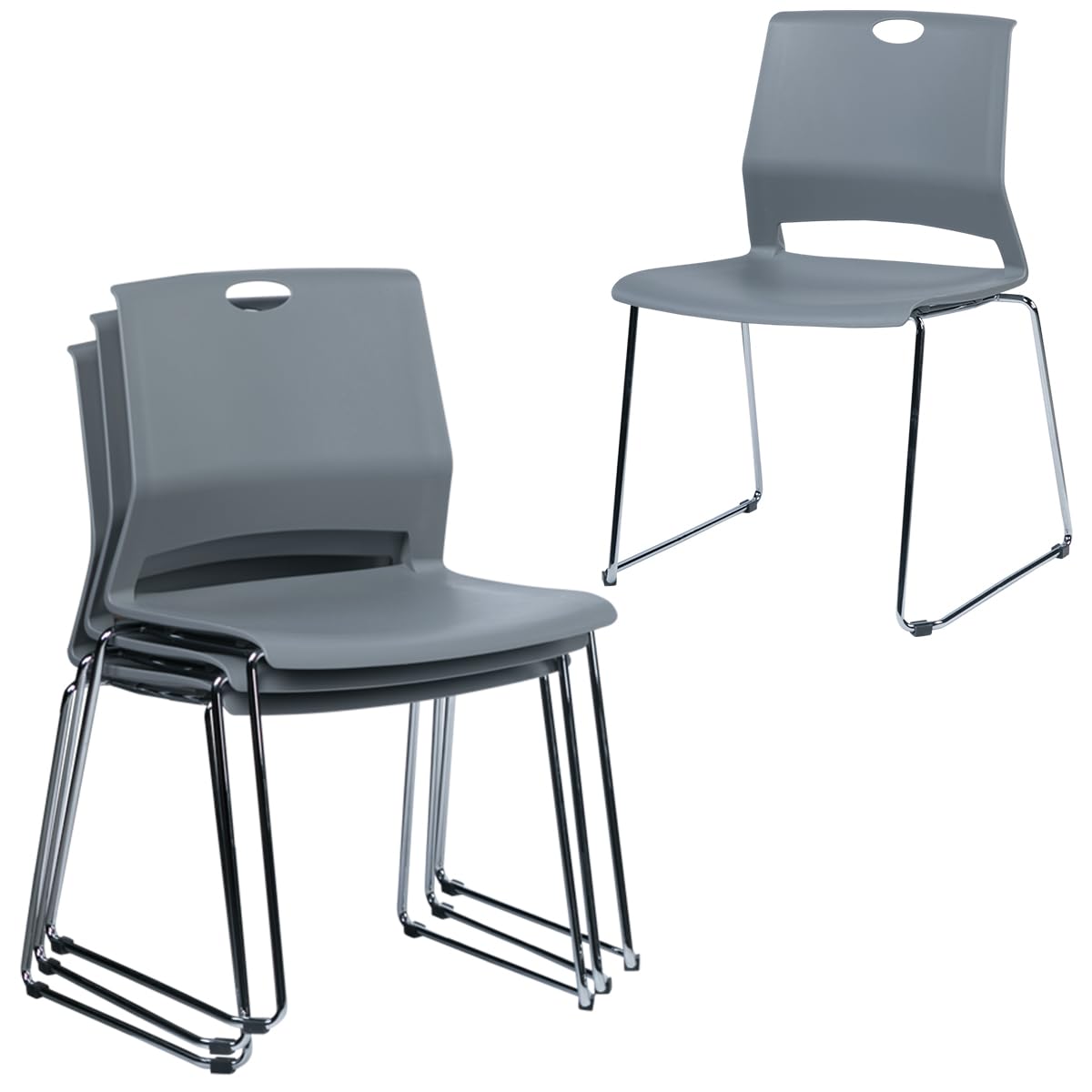 FULONG Stackable Guest Chairs Set of 4 - Armless Plastic Seat Stacking Chairs with Sturdy Metal Frame for Waiting Room, Office, Conference & Events - Gray