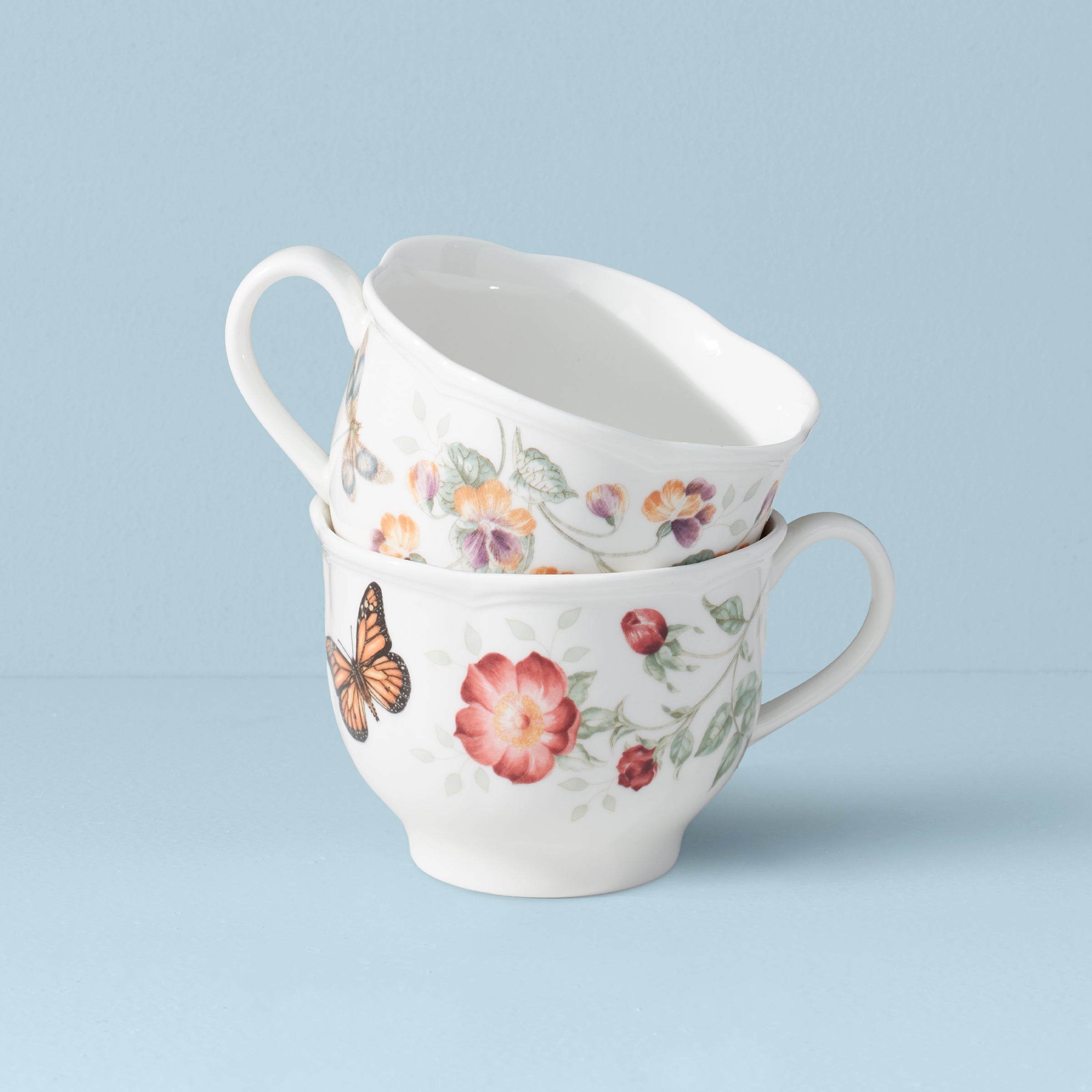 Butterfly Meadow Latte Mugs Set of 2 - Ceramic Coffee Cups with Floral Design for Home, Cafe & Gift Giving - Perfect for Morning Coffee, Tea or Hot Chocolate