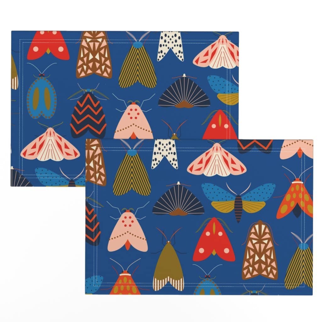 Spoonflower Linen Cotton Canvas Placemats Set of 2 - Bright Moths & Blue Butterflies Entomology Print Washable Table Mats for Dining, Kitchen Decor, and Party Settings