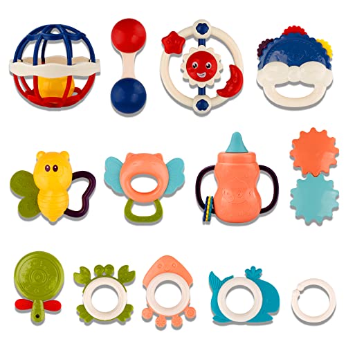 Tinabless 12pcs Baby Rattle & Teething Toys Set for Newborns 3-12 Months - Soft Infant Developmental Toys for Sensory Play, Baby Shower Gifts & Early Learning Activities