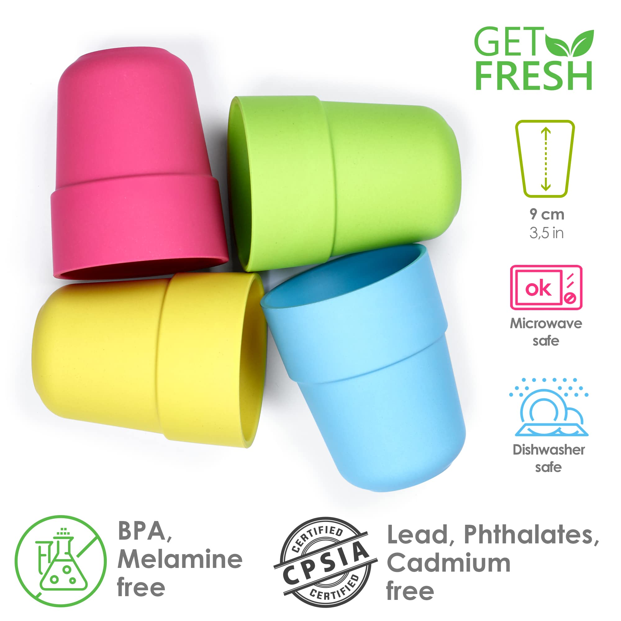 GET FRESH PLA Kids Cups Set – 4-Pack BPA-Free & Melamine-Free Dinner Cups for Toddlers & Children – Microwave & Dishwasher Safe Stackable PLA Children's Dinnerware – Reusable Kids Tumblers for Juice, Milk & Water – Perfect for Home, School & Travel Use