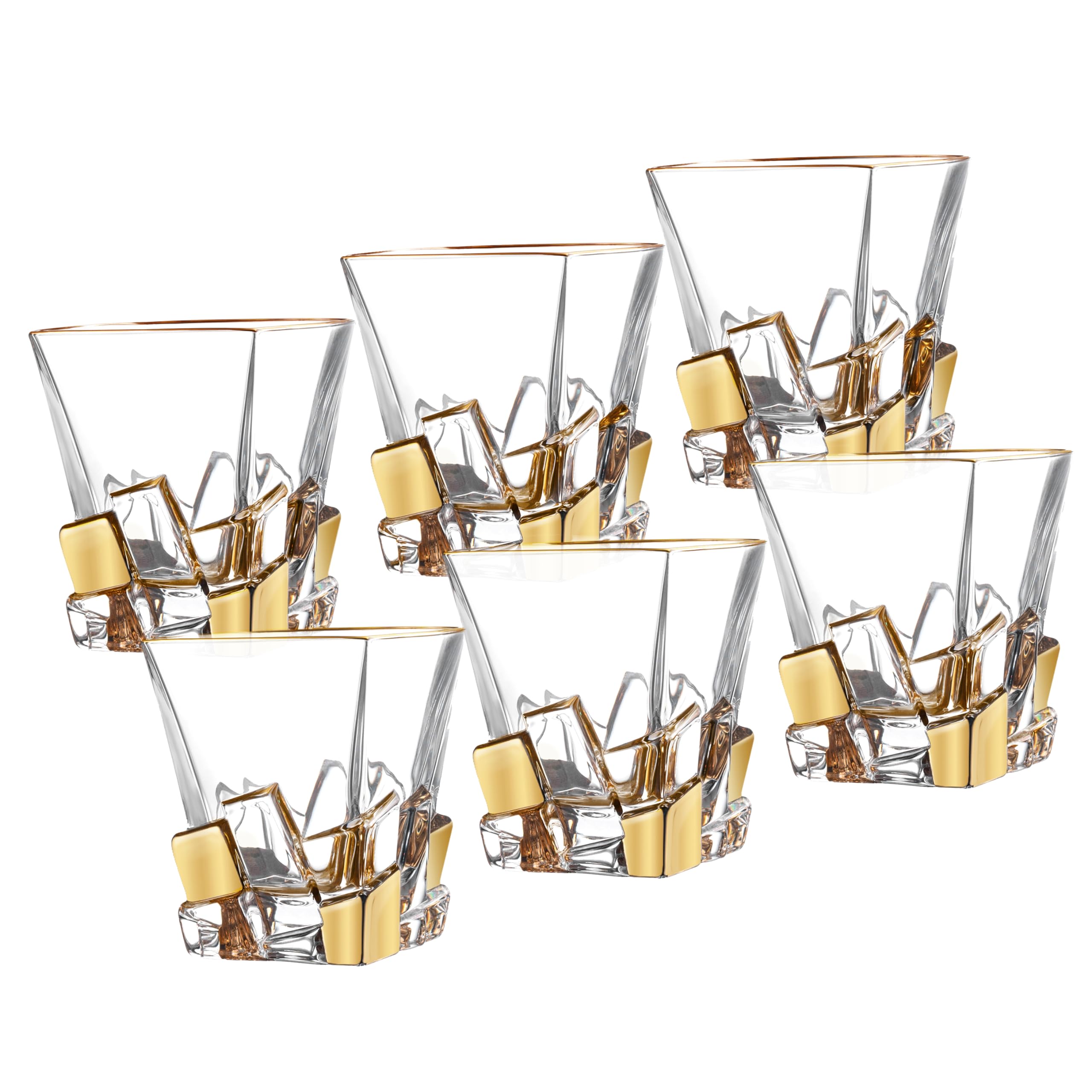 Premium European Crystal Glass Set of 6 - Square Double Old Fashioned Tumblers 11.7oz with Gold Ice Design - Handcrafted in Europe - Perfect for Whiskey, Cocktails & Elegant Home Bar Decor