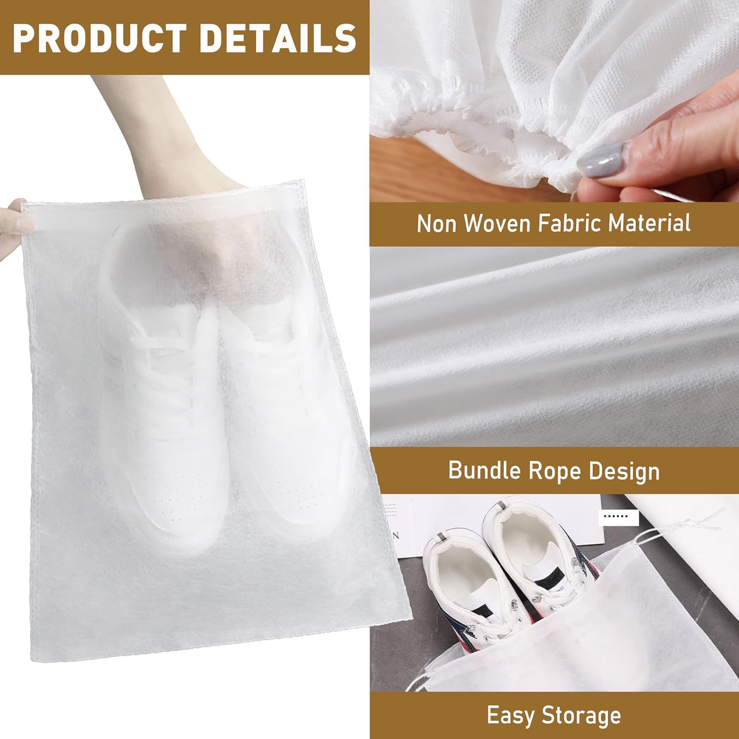**Caliee 50-Pack Portable Travel Shoe Bags - Dustproof, Breathable Non-Woven Shoe Storage (20 Large + 30 Medium, White) - Perfect for Travel, Gym & Organizing Closet**