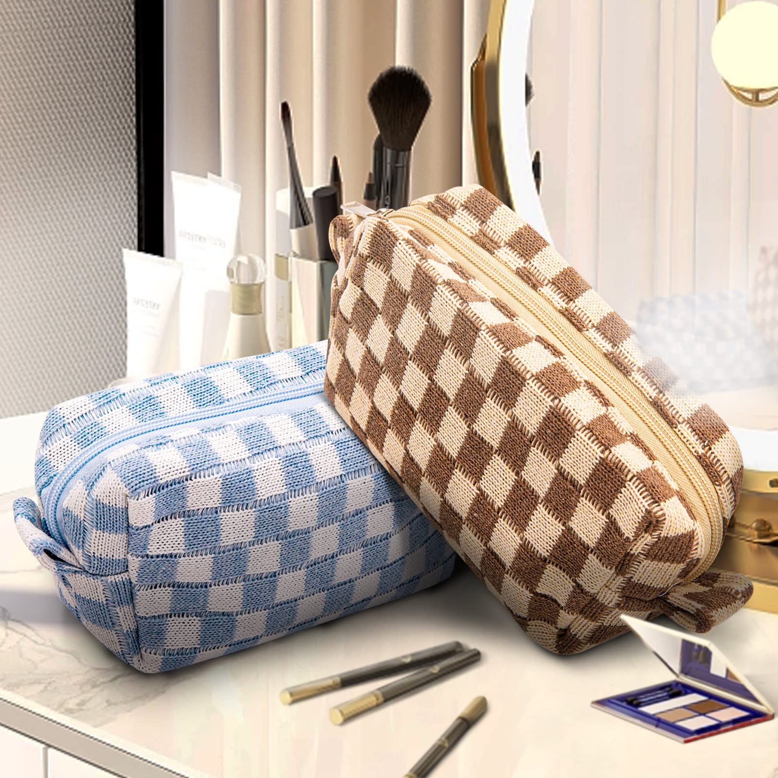 Stylish Checkered Makeup Bag - Large Capacity Cosmetic Organizer for Travel, Toiletries & Brushes Storage (Tri-Color) | Perfect for Daily Use, Vacation & Gift Giving
