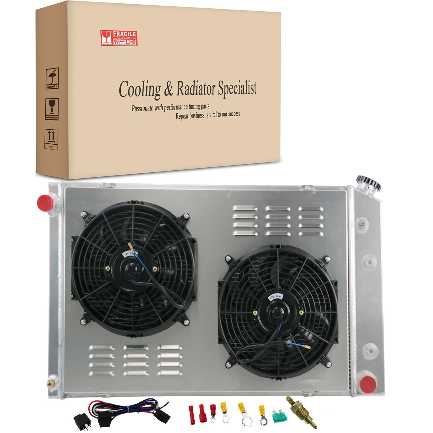 All-Aluminum 3-Row Radiator with Dual 12-Inch Fans, Shroud & Relay Kit for 1973-1991 Chevy GMC C/K Series Pickup Trucks (C10, C20, C30, K10, K20, K30) - Compatible with Multiple V8 Engines | Heavy-Duty Cooling for Off-Road, Towing & High-Performance Use
