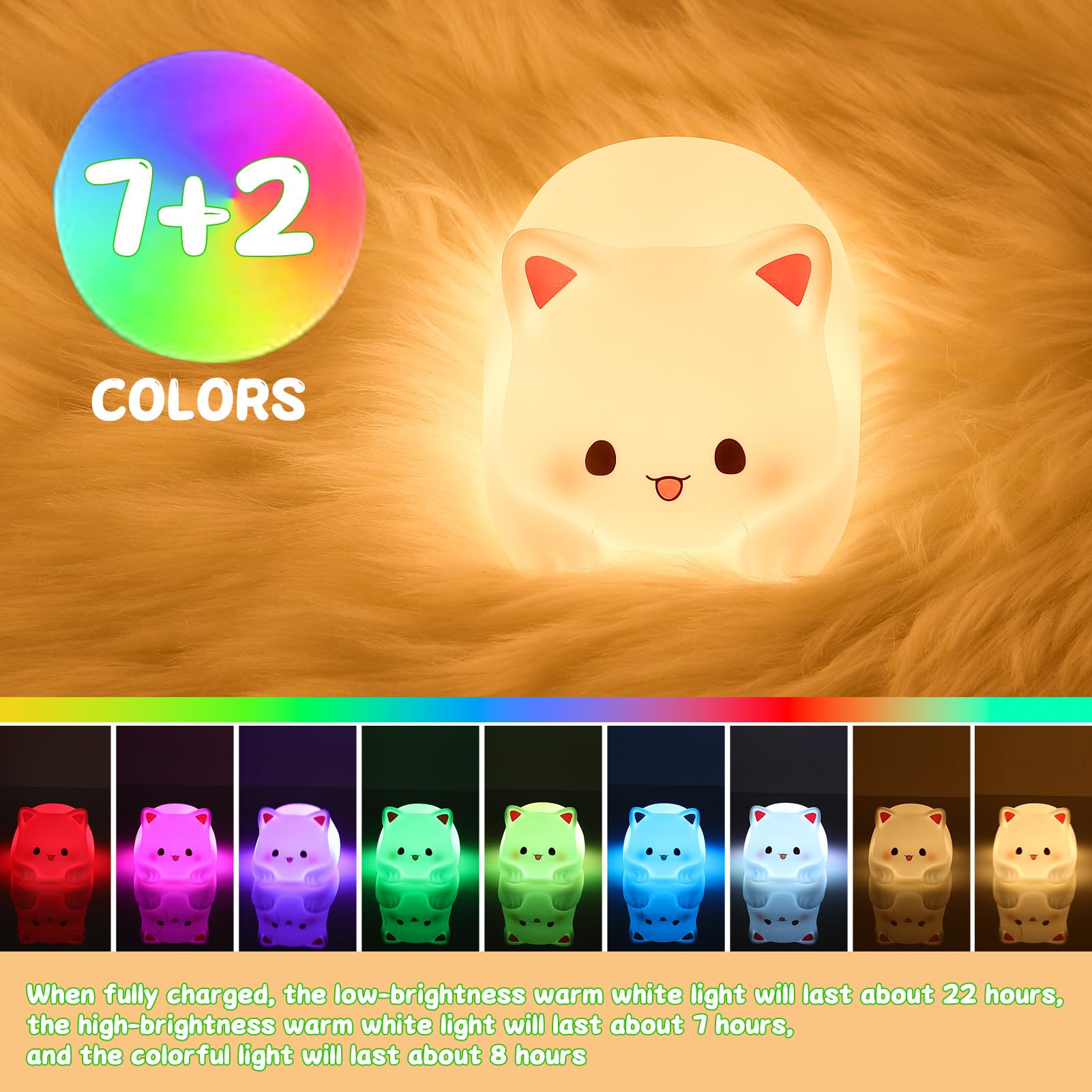 Cute Cat Night Light for Kids - Squishy Kitty Lamp with 1/3 Hour Timer, Colorful LED Nightlight for Baby Girls & Toddlers - Perfect for Bedrooms, Nurseries, and Sleep Training (White)
