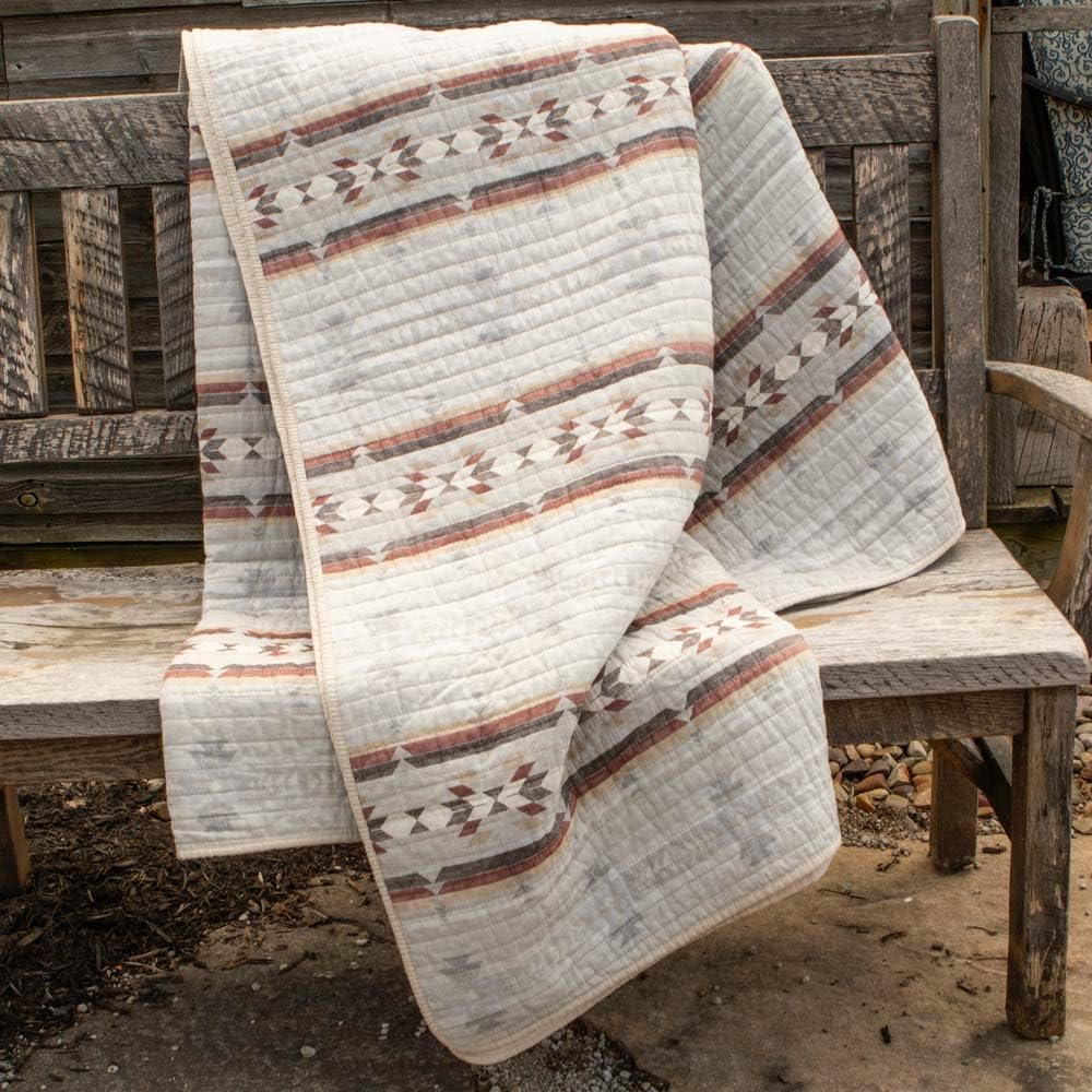 Southwest Style Full/Queen Quilt - 88x92 Inch Neutral Gray Taupe Beige Red Cotton Bedspread with Linen Texture | Perfect for Southwestern Decor, Guest Bedrooms & Cozy Farmhouse Style