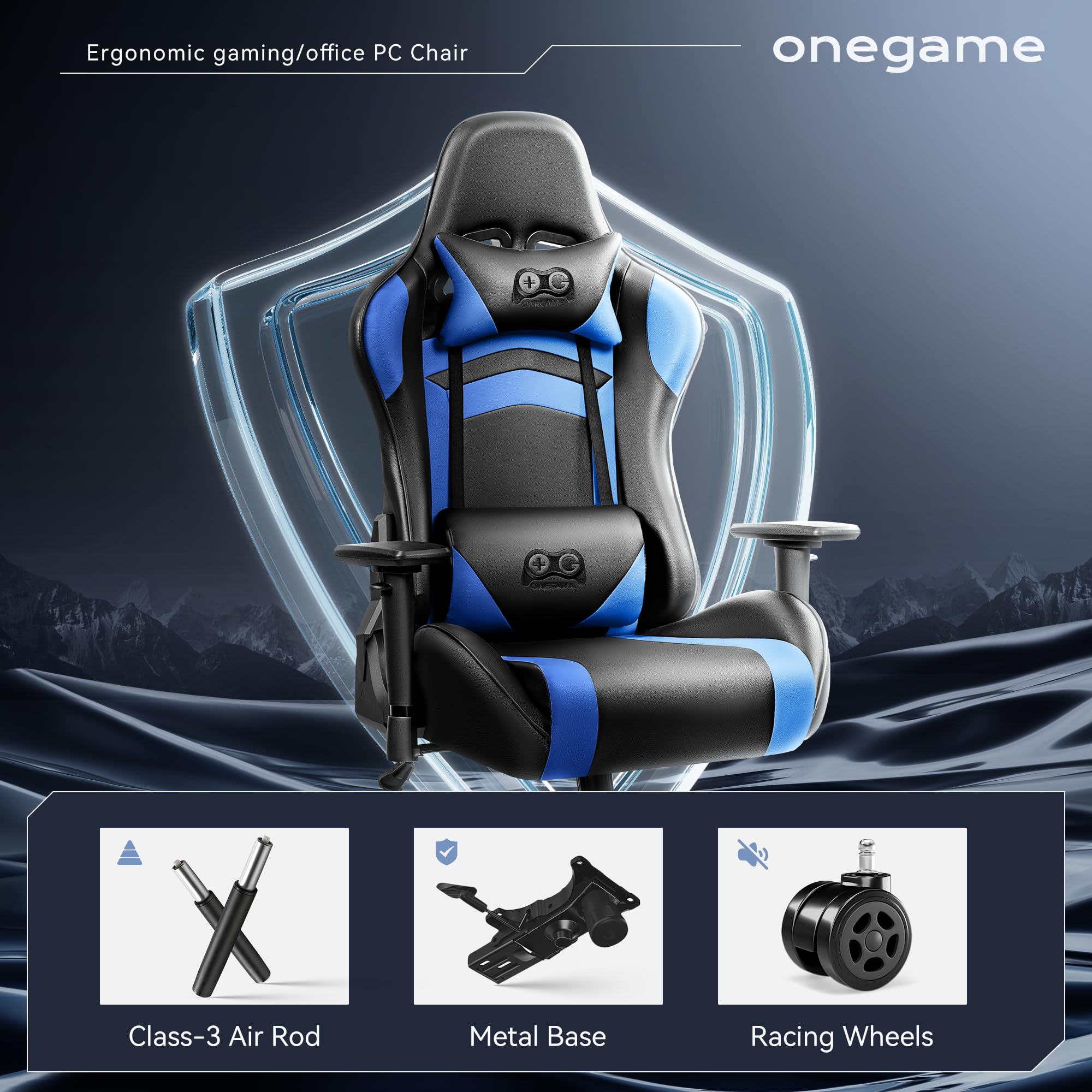 OneGame Ergonomic Gaming Chair for Adults - Big and Tall Computer Office Chair with Adjustable Height, Reclining Backrest, Headrest & Lumbar Support - Black & Blue - Perfect for PC Gaming, Esports, and Home Office Workstations