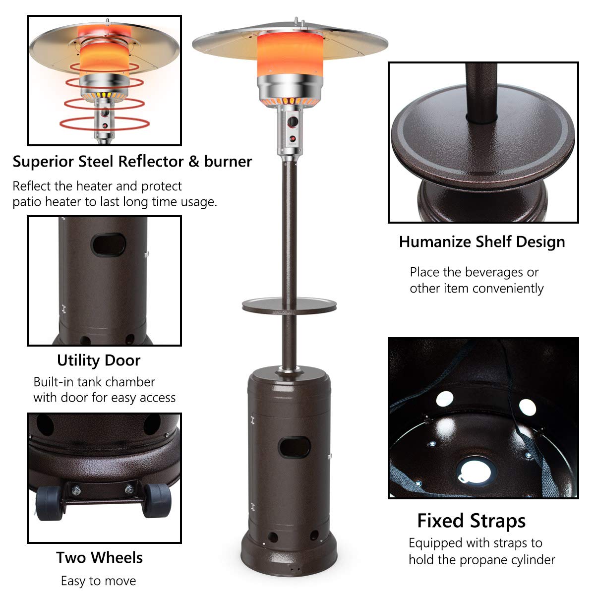 Tangkula 48,000 BTU Outdoor Propane Patio Heater with Wheels & Tabletop Shelf - Stainless Steel Burner, Auto Shut Off & Tip-Over Protection - Portable Backyard Heater for Deck, Garden, Restaurant & Camping Use