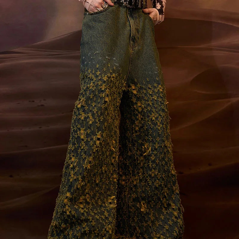 Vintage High Waist Straight Leg Jeans for Men - American Retro Wide Leg Casual Pants with Irregular Hole Design (Style 24E1290) | Perfect for Streetwear, Everyday Fashion & Urban Outfits