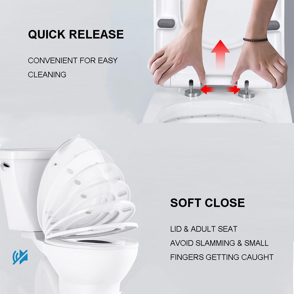 Soft Close Elongated Toilet Seat with Built-in Toddler Seat - Magnetic Adsorption Potty Training Seat for Kids & Adults - Quiet Slow Close, Easy to Clean (Model 9003) - Perfect for Family Bathrooms and Child Potty Training