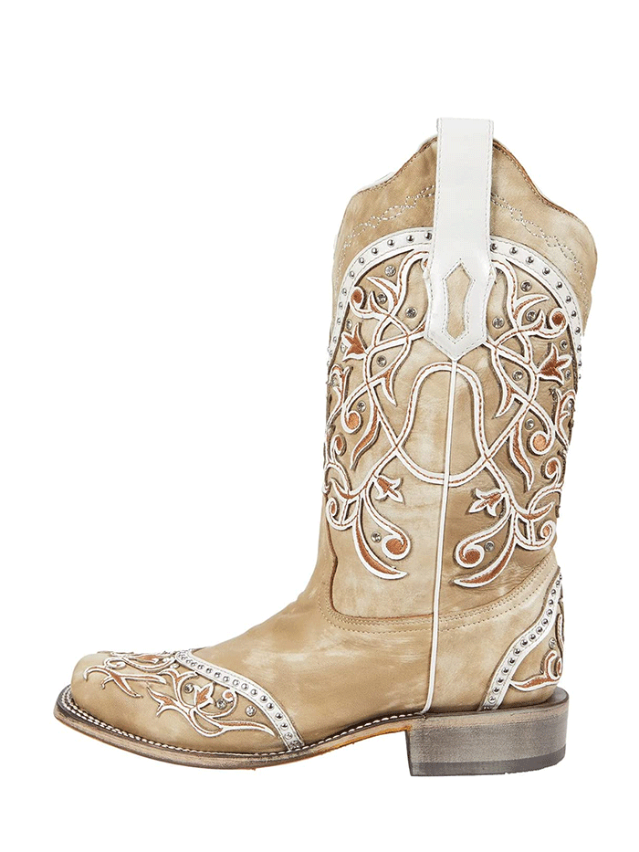 Corral A4165 Women's Western Boots - Embroidered & Studded Square Toe Cowgirl Boots in White | Perfect for Rodeo, Country Dancing & Western Fashion