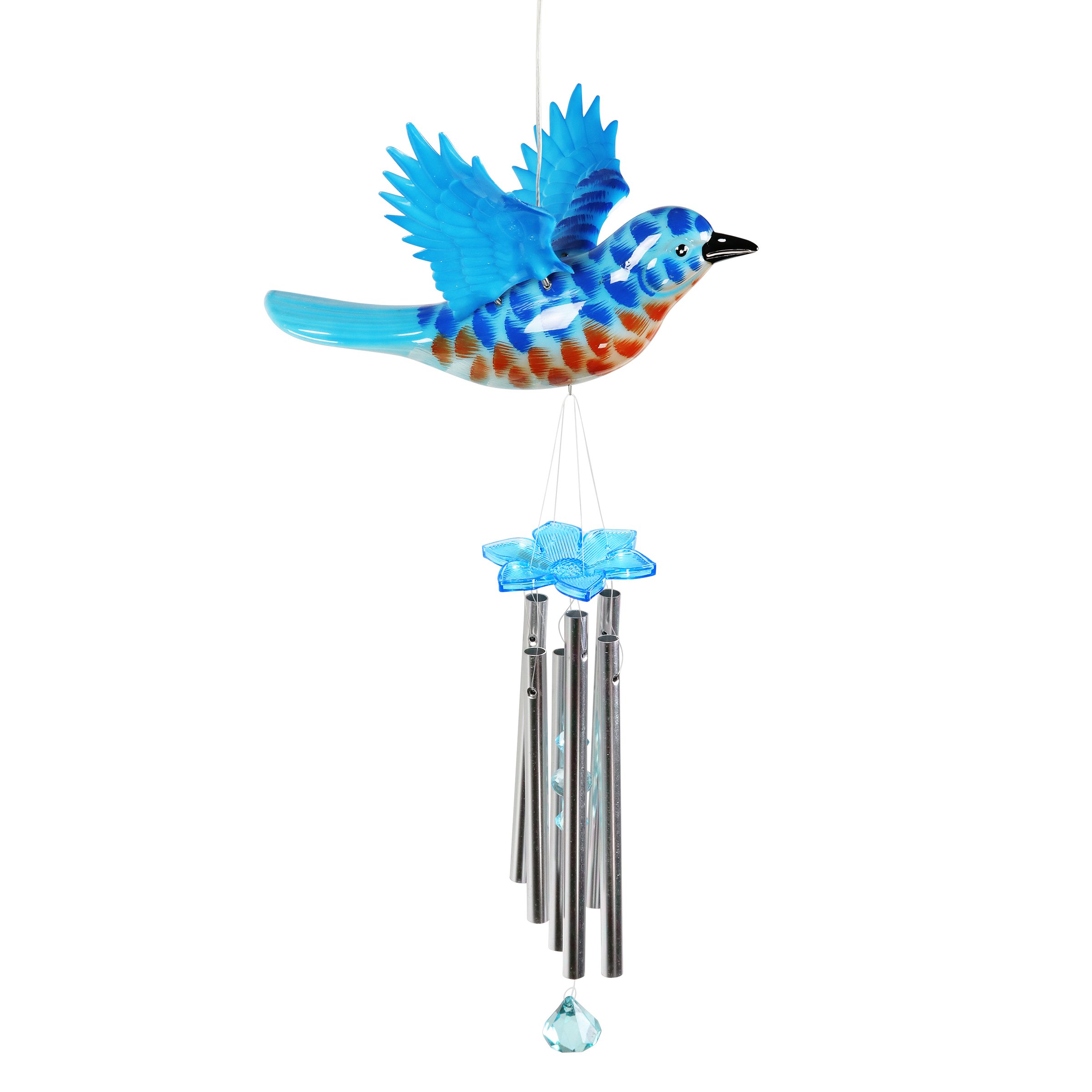 Solar-Powered Blue Bird Wind Chime with Fluttering Wings & 2 LED Lights - 12.5