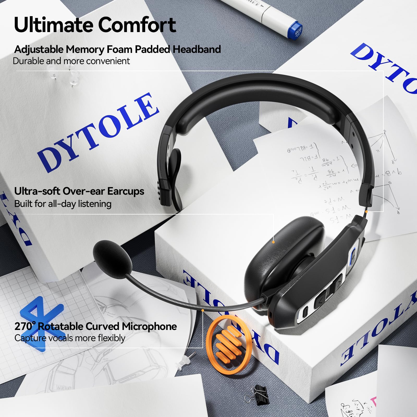 Wireless Bluetooth Headset with AI Noise Cancelling Microphone - 65H Battery Life & 164ft Range - Comfortable Trucker Headset for Work from Home, Call Centers, Truck Drivers & Computer Use - Perfect for Long Work Shifts, Online Meetings & Hands-Free Calling