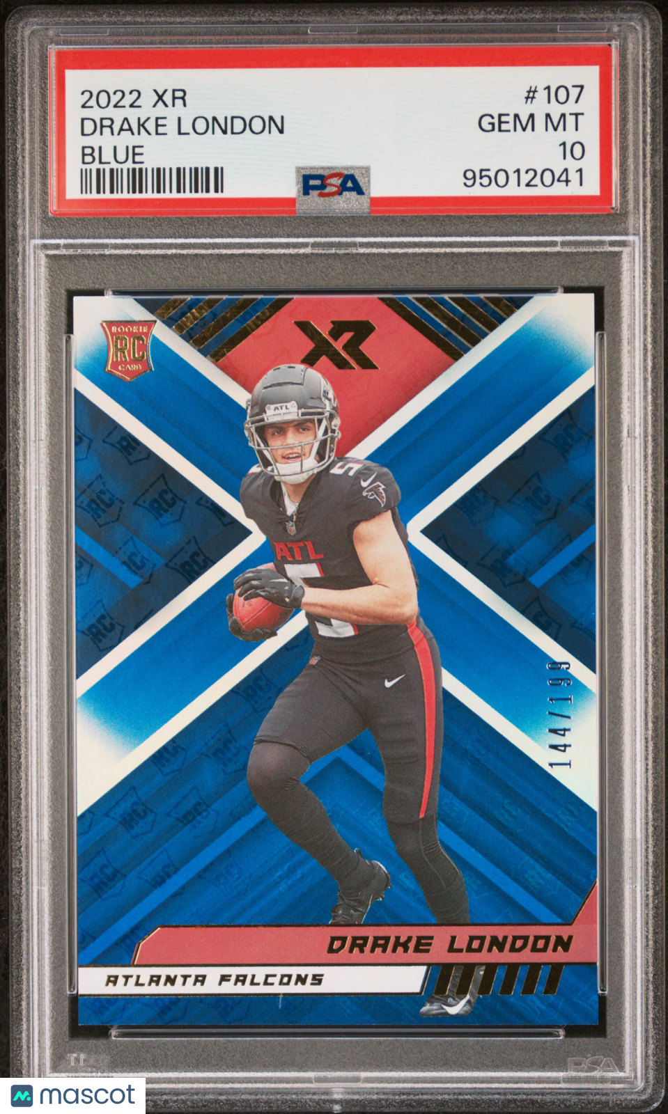 2022 Panini XR PSA 10 Drake London Blue Rookie Card 144/199 #107 - Rare Football Collectible for Sports Memorabilia Fans & Investment