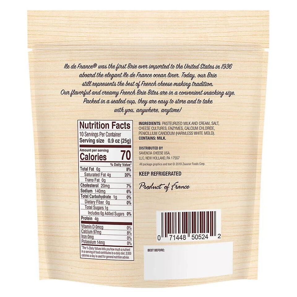 Premium Ile De France Imported Brie Bites Cheese from France - 0.9 oz (Pack of 10) | Gourmet Snack for Wine Pairing, Charcuterie Boards & Party Platters