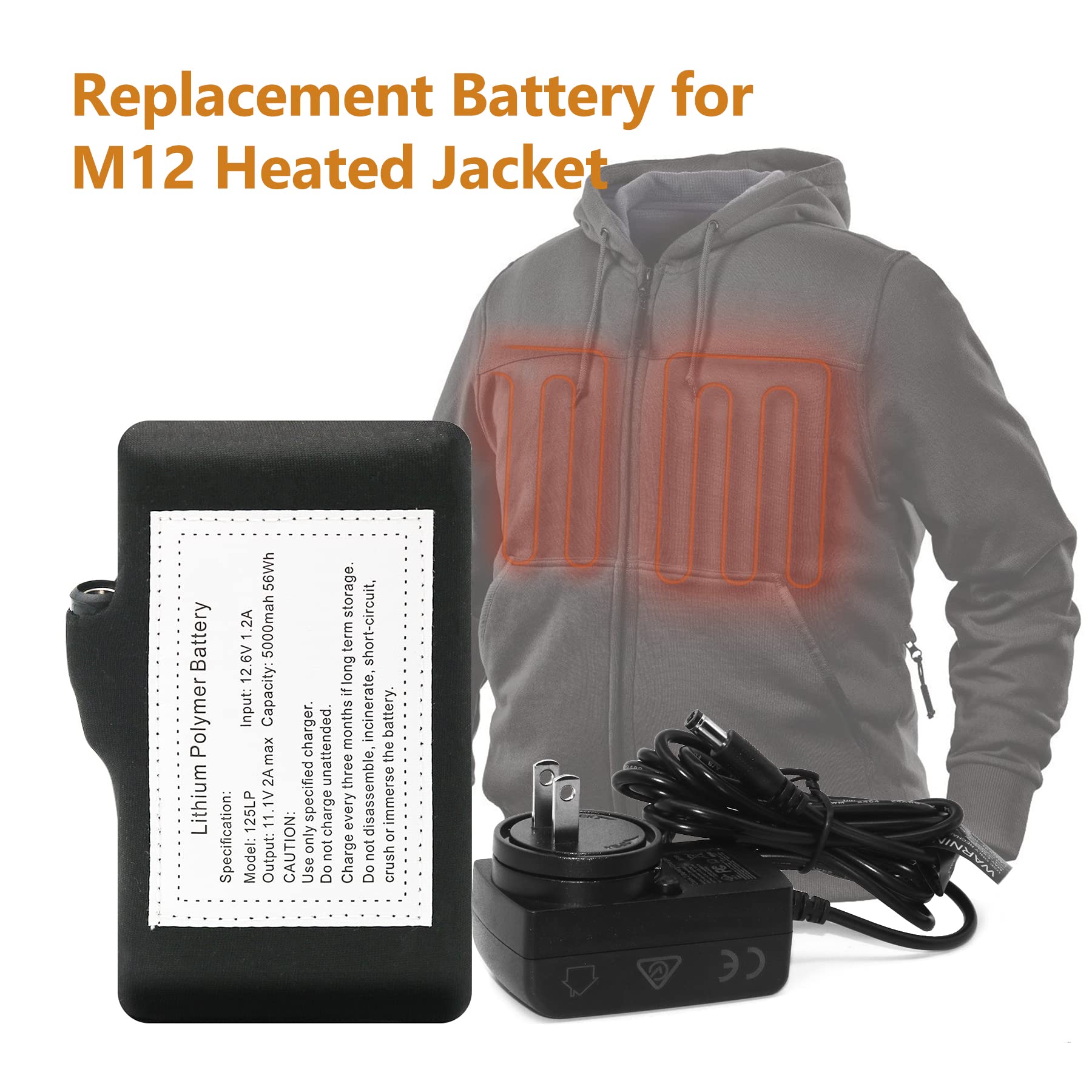5000mAh 12V Heated Jacket Battery for Milwaukee M12 - High Capacity Li-Polymer Replacement Battery Pack Compatible with Milwaukee Prosmart, Dewalt, Revean Heated Vests & Hoodies (Includes 12V Charger) - Perfect for Winter Outdoor Work, Construction, Hunting & Cold Weather Activities