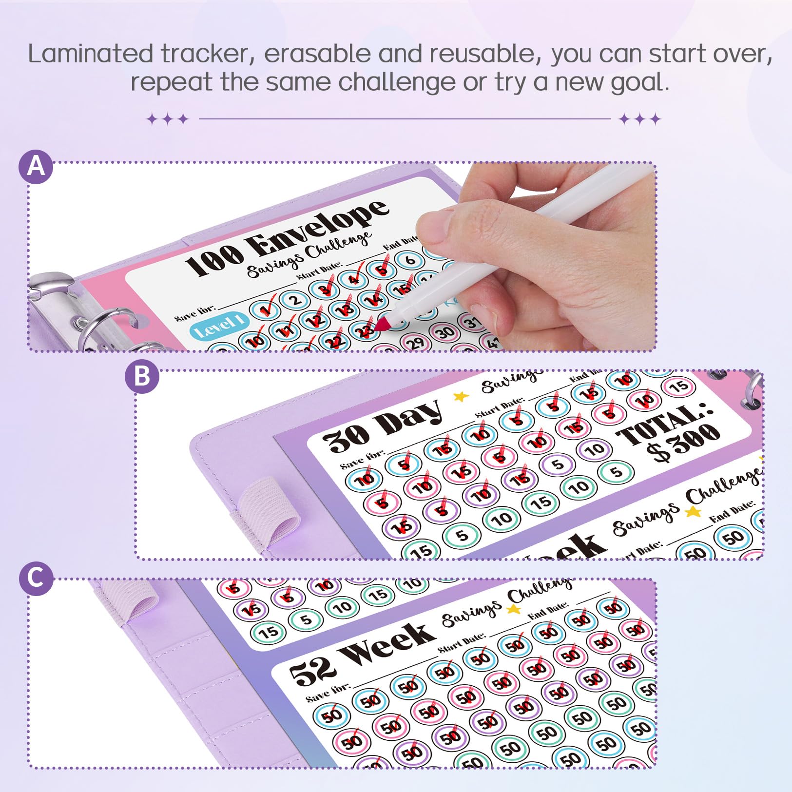 Sooez 100 Envelopes Money Saving Challenge Kit - $5050 Savings Tracker with Pre-Numbered Purple Binder & Motivational Guide | Budgeting Tool for Cash Envelope System, Emergency Fund, or Vacation Savings