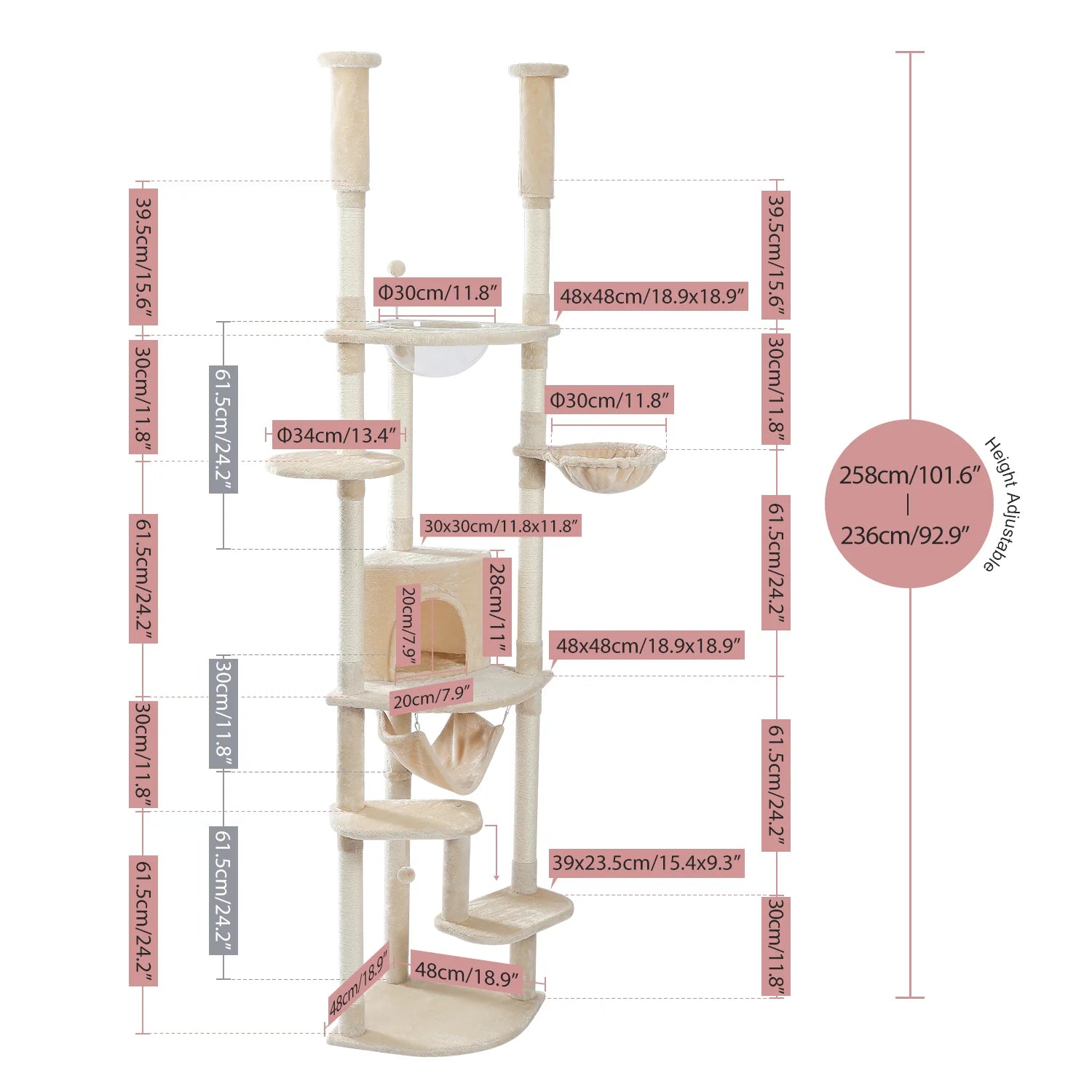 Adjustable Floor to Ceiling Cat Tree with Scratching Posts & Perches - Beige Cat Condo Bed for Indoor Cats - Perfect for Small Spaces & Apartments