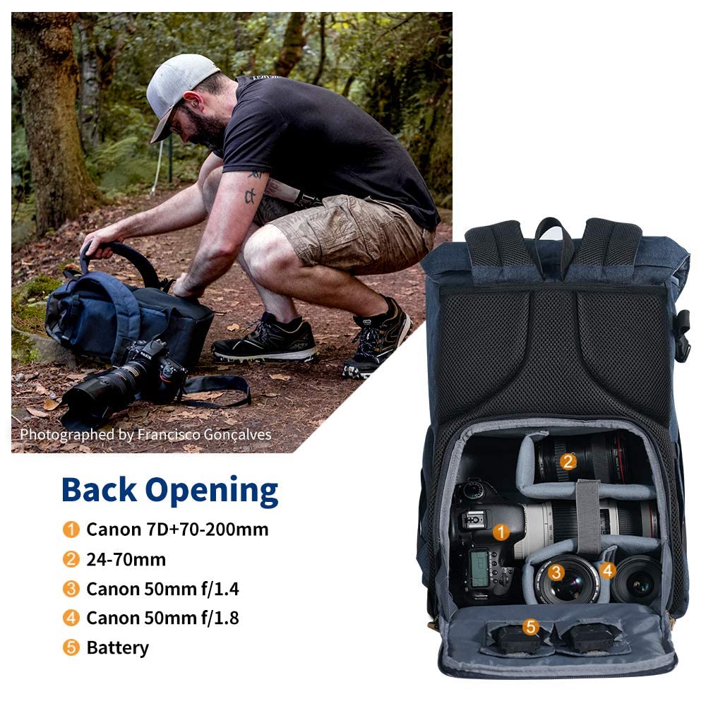 K&F Concept Professional DSLR Camera Backpack - Waterproof Travel Photography Bag with Tripod Holder, Laptop Compartment & Rain Cover - Perfect for Outdoor Shooting, Travel & Hiking (Black)