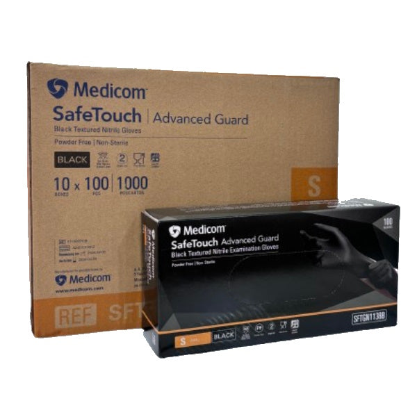 Medicom SafeTouch Nitrile Disposable Gloves - Black, Powder Free, Latex Free, 100 Pcs/Box - Ideal for Medical, Food Handling, Cleaning & Tattoo Use