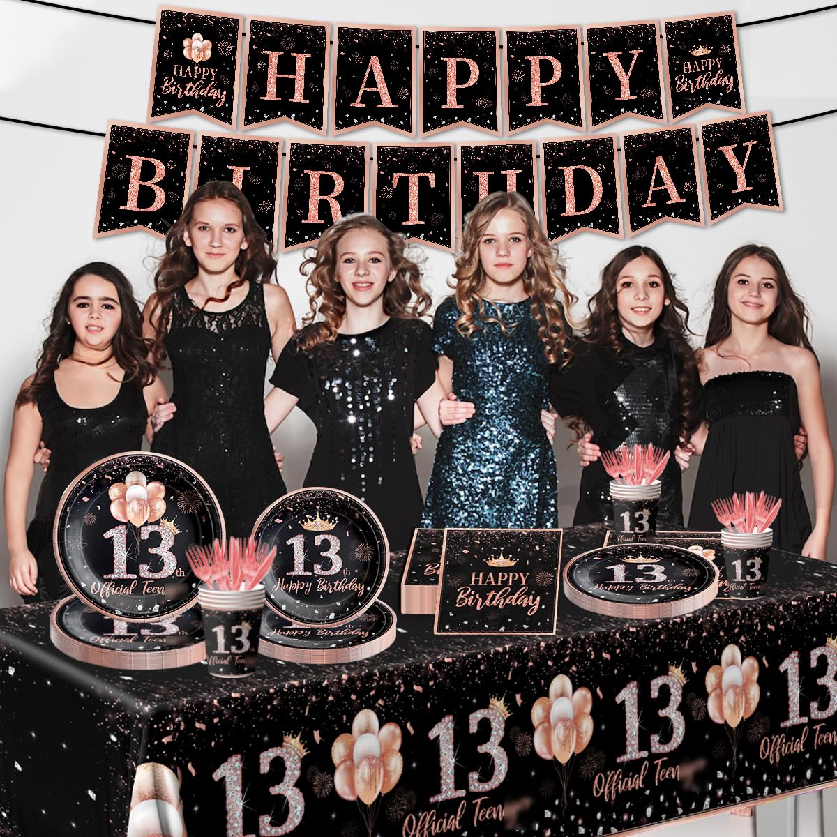 142Pcs Rose Gold 13th Birthday Party Supplies Set for Girls - Disposable Tablecloth, Plates, Napkins, Cups, Forks & Knives - Perfect for Teen Birthday Decorations & Celebrations