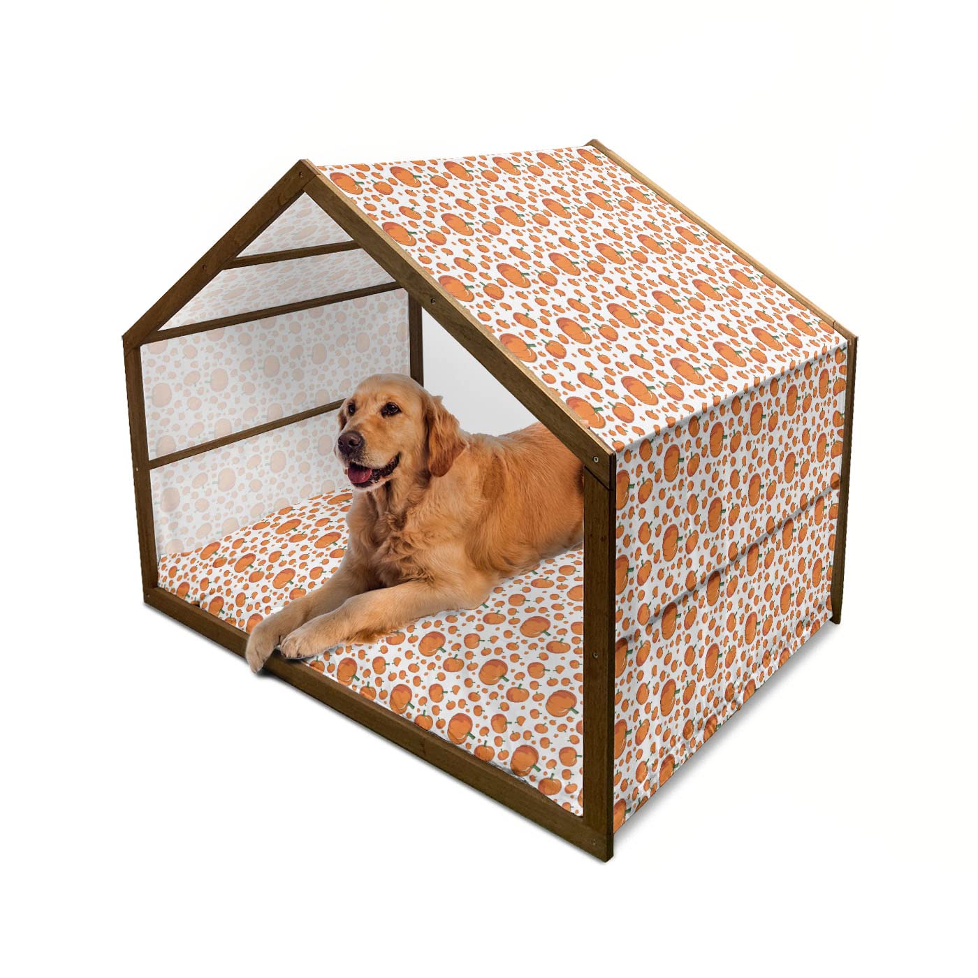 Ambesonne Harvest Wooden Dog House - Halloween Inspired Pumpkin Pattern Pet Kennel for Indoor & Outdoor Use, X-Large Size with Pillow & Cover - Perfect for Fall Decor, Backyard, and Seasonal Pet Shelter (Orange, Green, White)