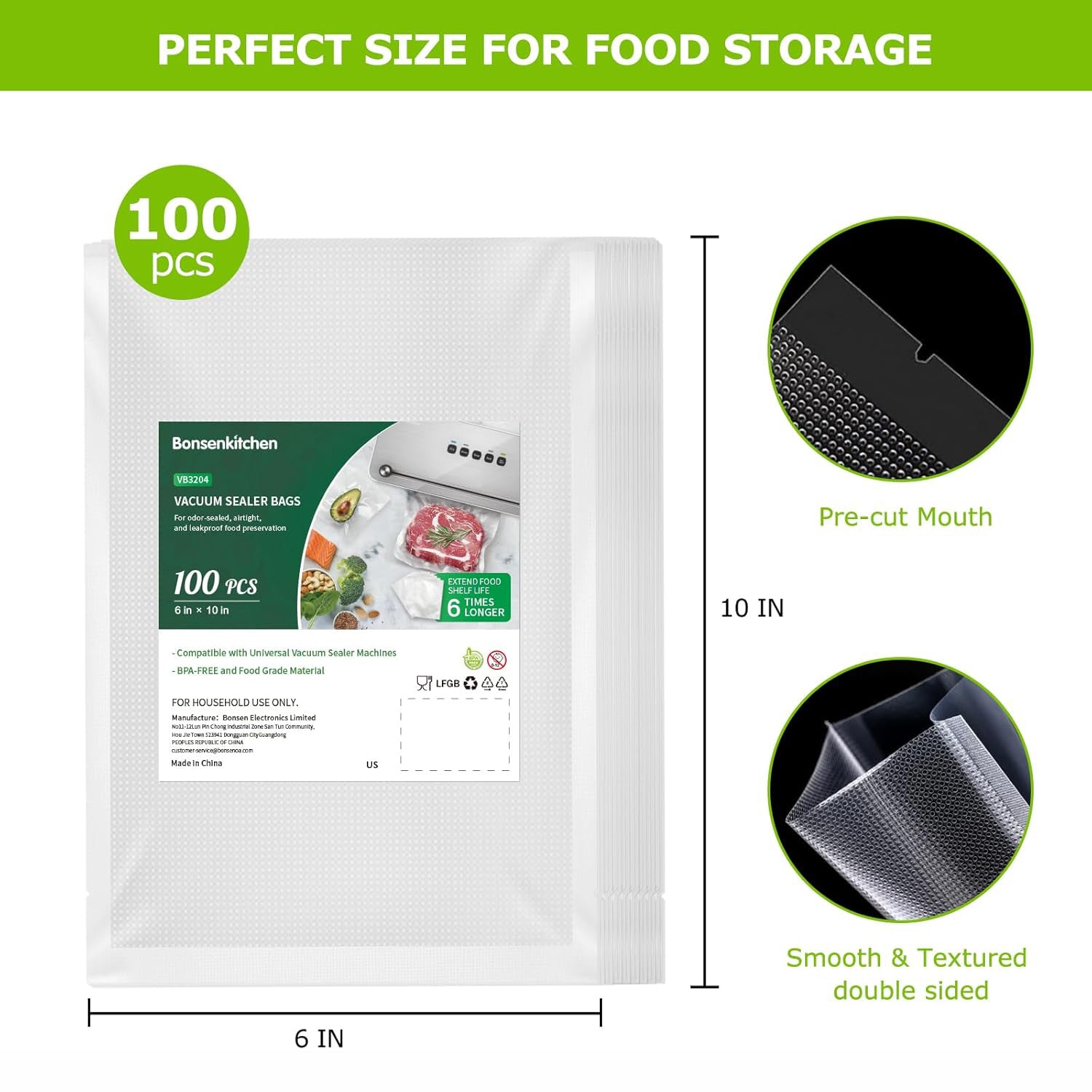 Bonsenkitchen Precut Vacuum Sealer Bags 100 Count (6