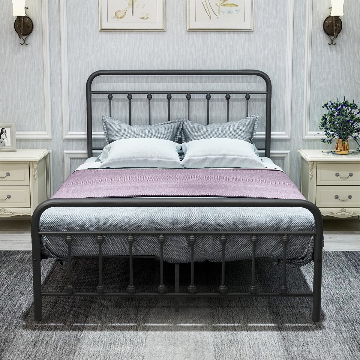 Vintage Metal Platform Bed Frame with Headboard & Footboard - Full Size, No Box Spring Needed for Home Decor