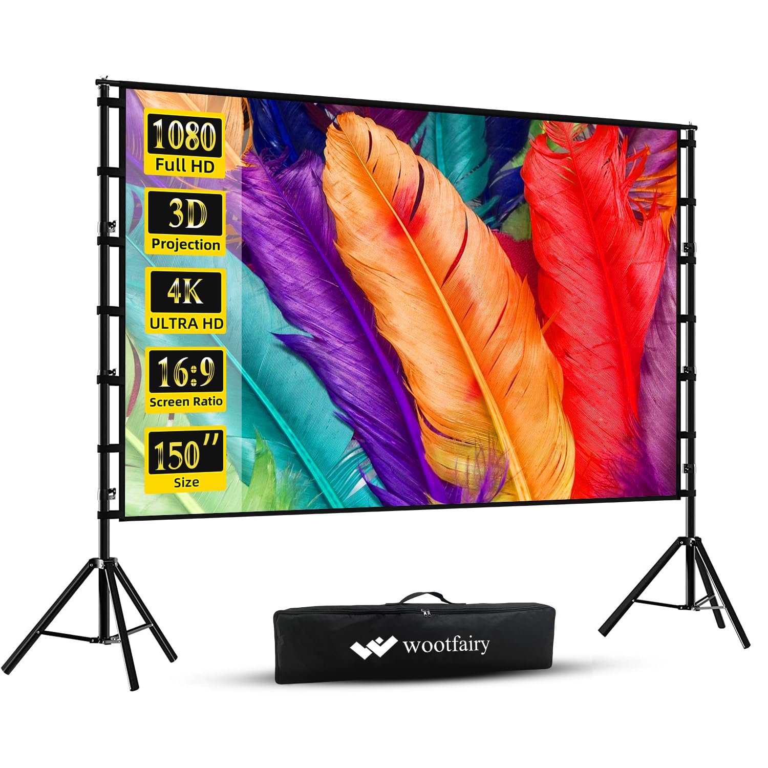 Wootfairy 150 Inch Portable Projector Screen with Stand - Foldable 4K HD 16:9 Wrinkle-Free Movie Screen for Indoor & Outdoor Use | Home Theater, Backyard Cinema, Parties & Presentations | Includes Carry Bag